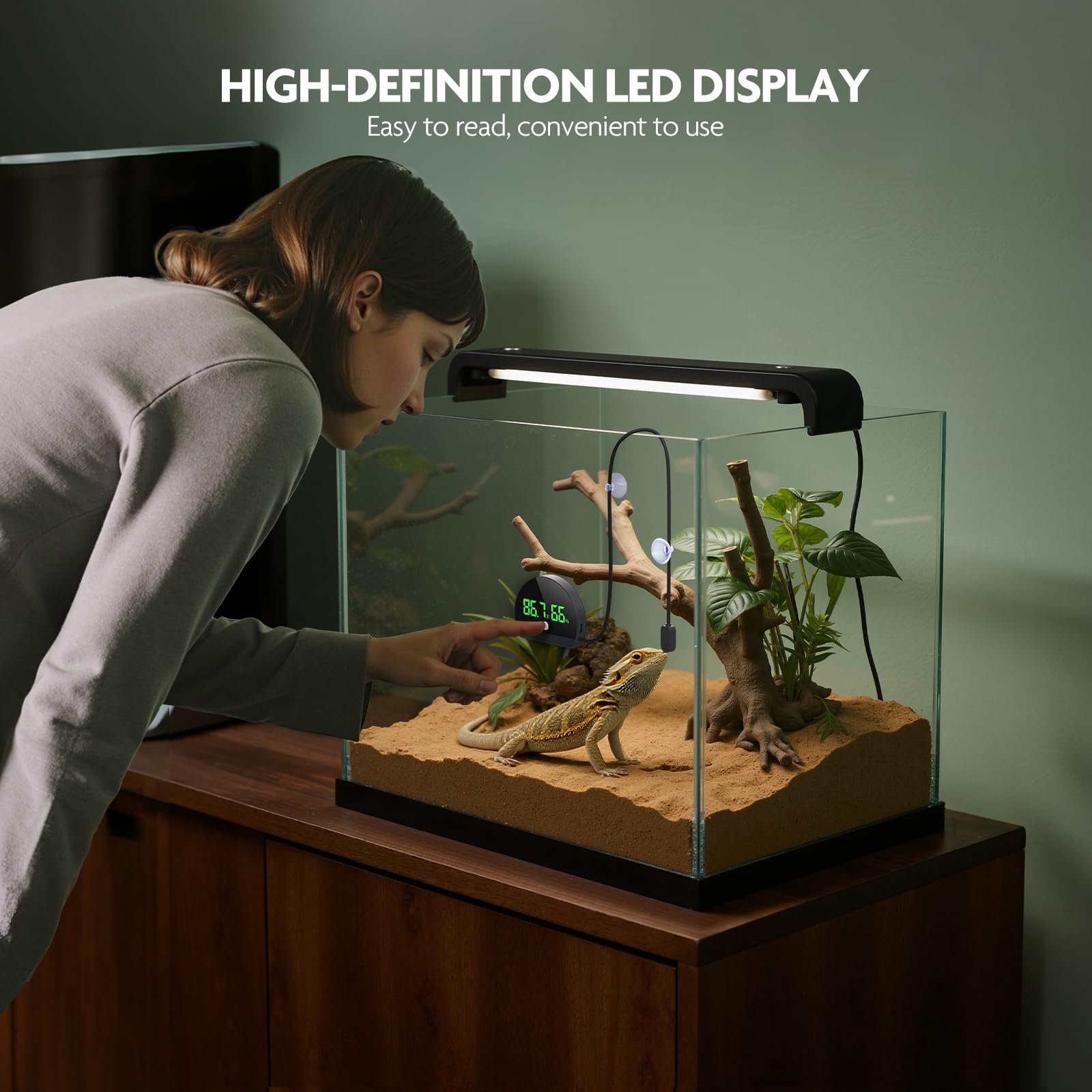 PAIZOO thermometer-hygrometer terrarium probe with a long 31.5-inch cable for flexible placement.