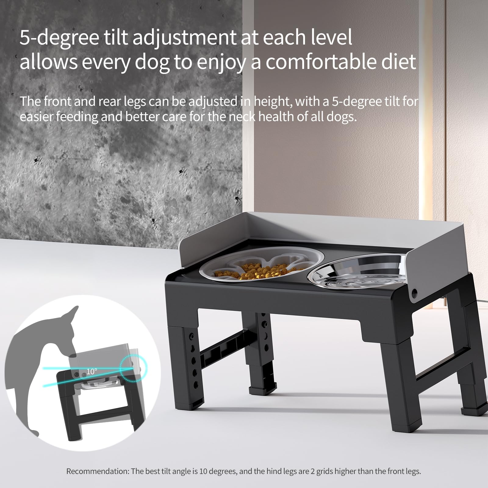 PAKEWAY tiltable-dog-feeder demonstrates 5-degree tilt for easier neck alignment