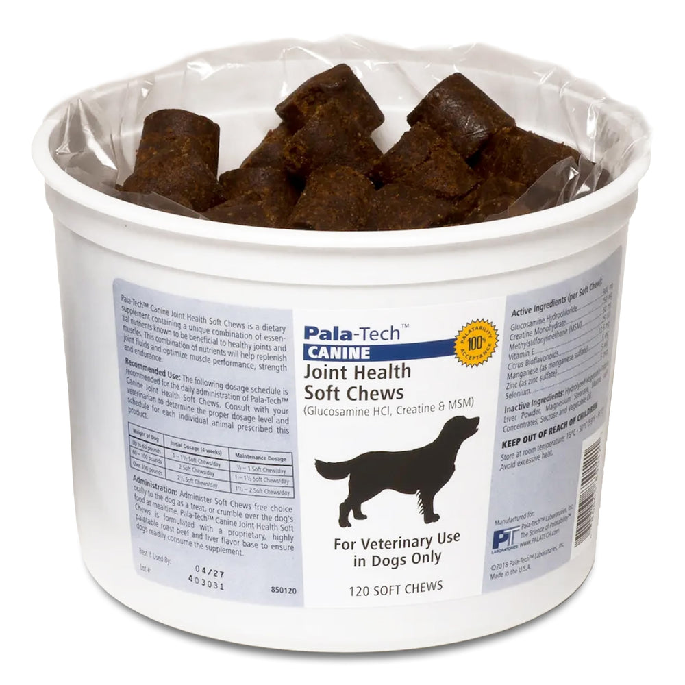 Pala Tech Canine Joint Soft Chews bottle-label highlights joint support for active dogs.