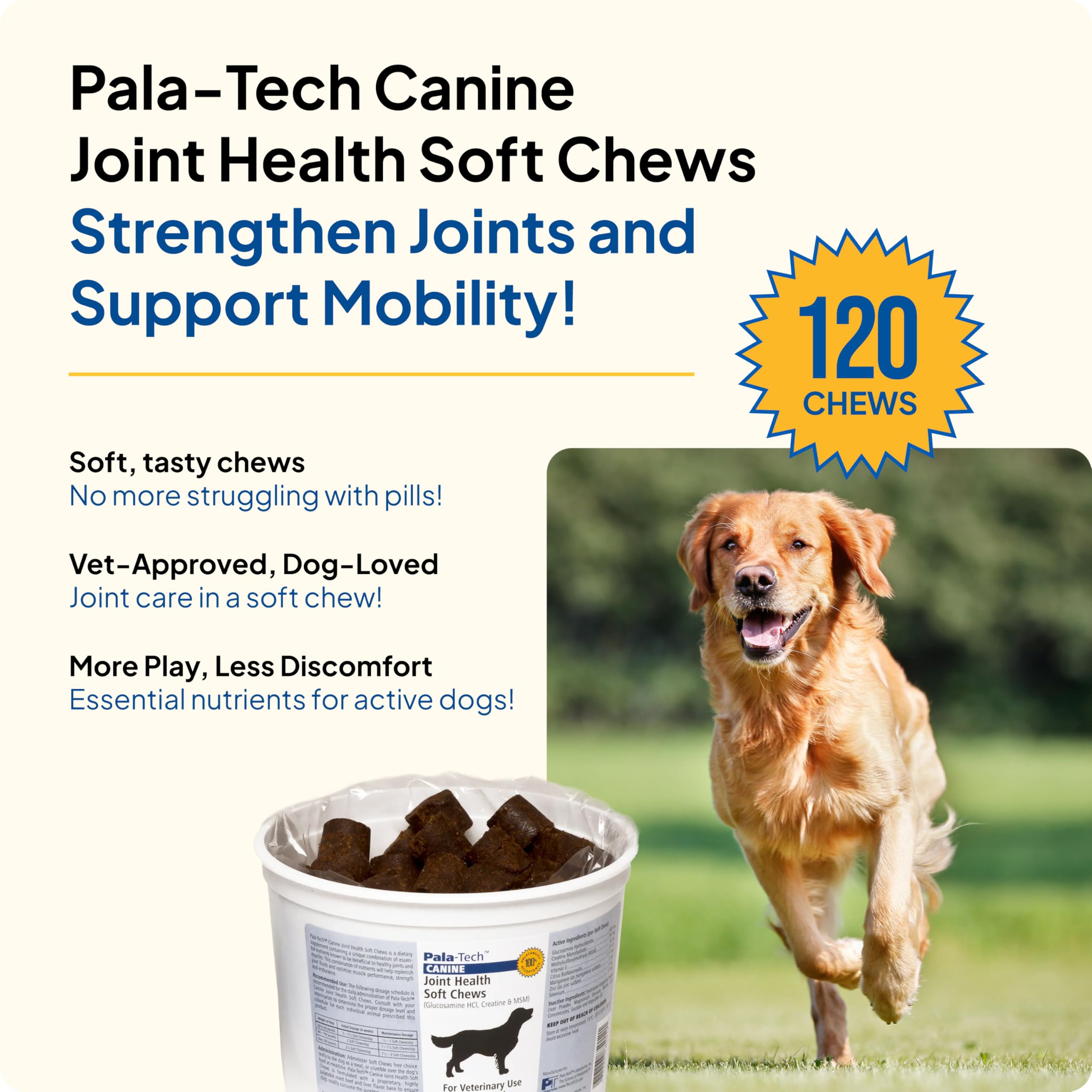 Pala Tech Canine Joint Soft Chews close-up shows palatable texture aiding daily dosing.