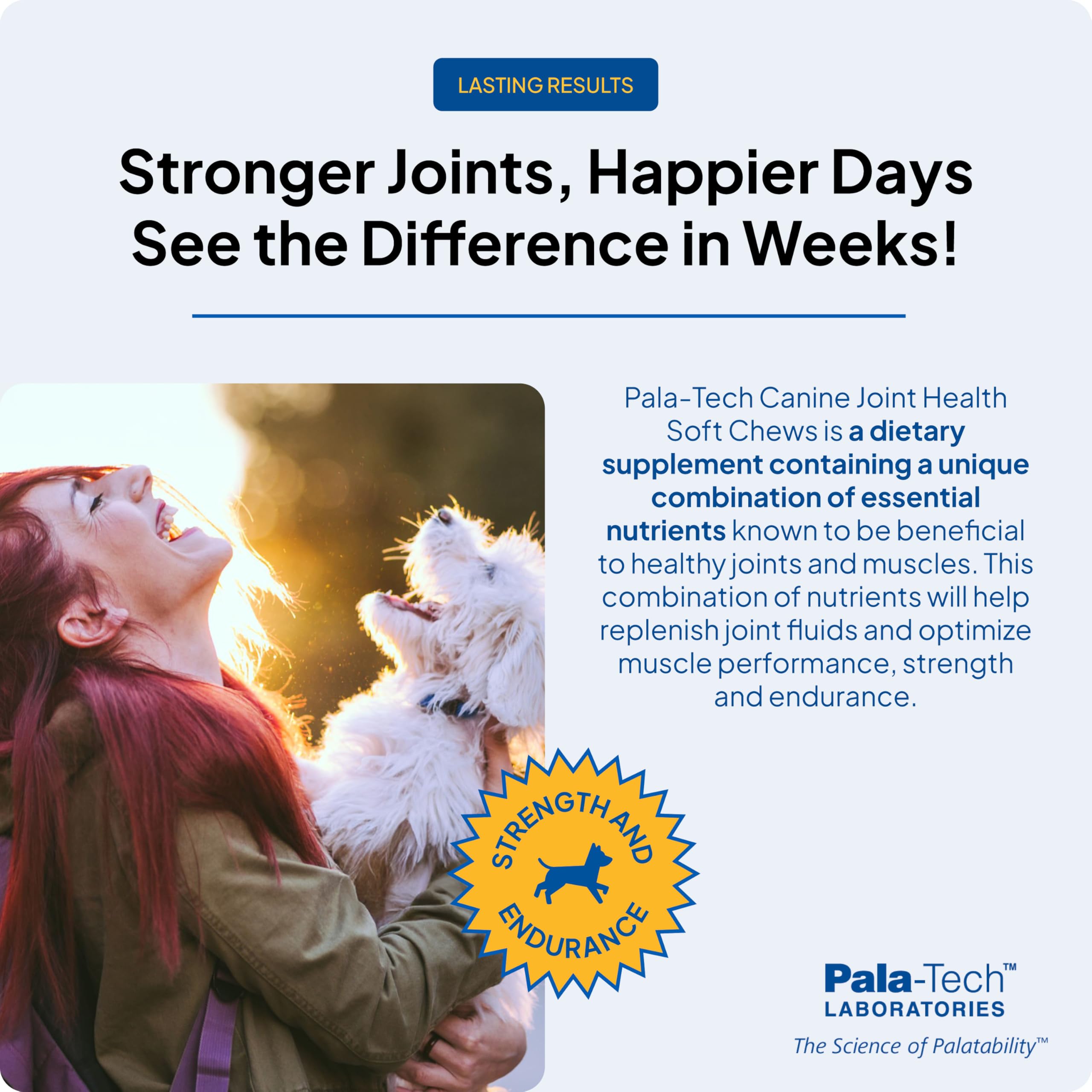 Pala Tech Canine Joint Soft Chews ingredients-glucosamine panel highlights cartilage support.