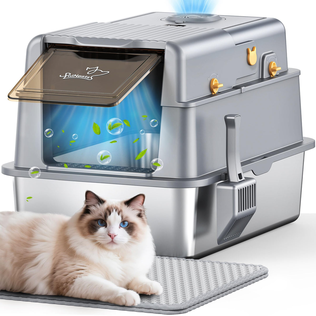 PalNests L7 Ultra stainless steel litter box top view showing easy cleanup features