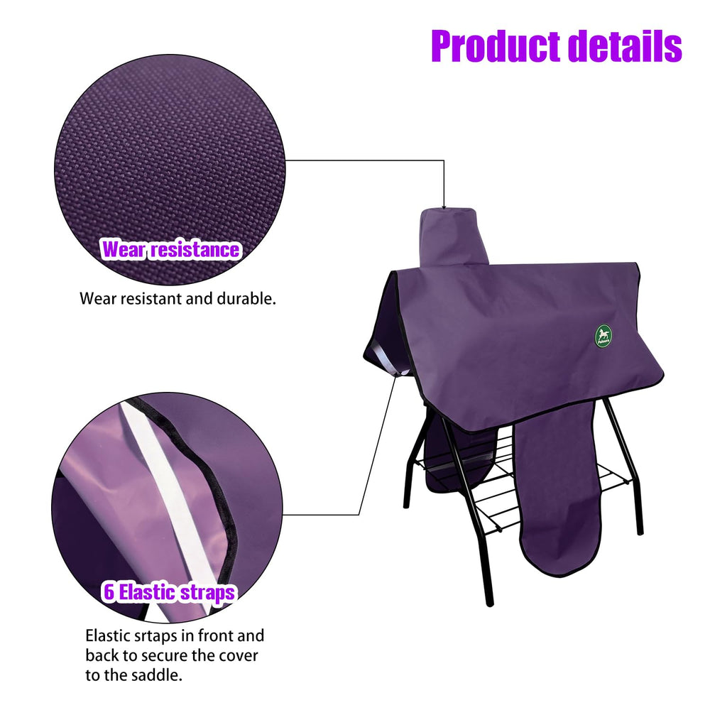 Paloura Western Saddle Cover full-saddle-fit illustration showing cantle-to-stirrup protection and coverage.