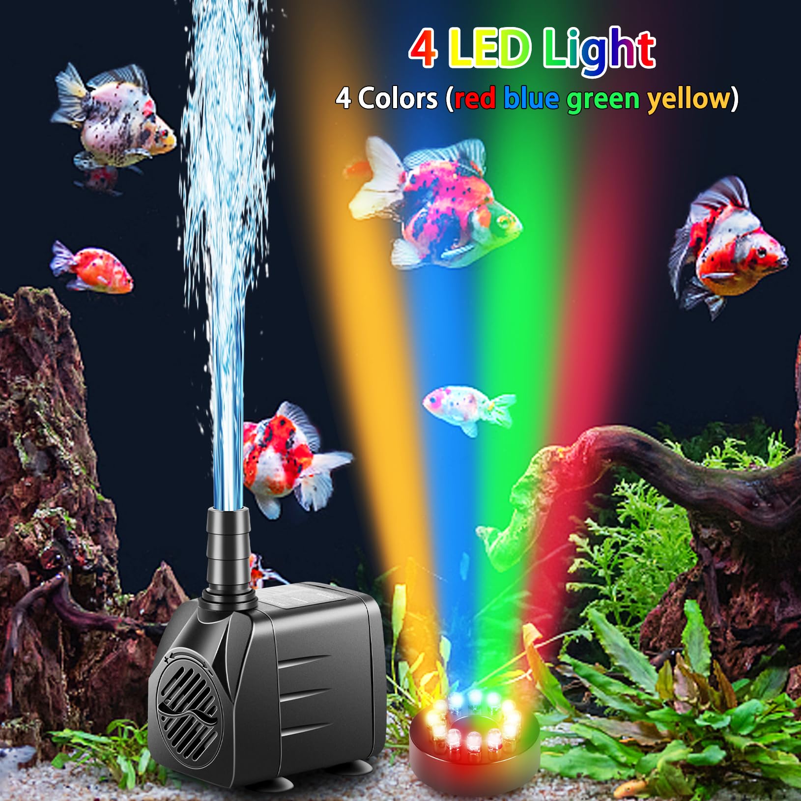 pamaner submersible pump with LED light adds decorative glow to water features