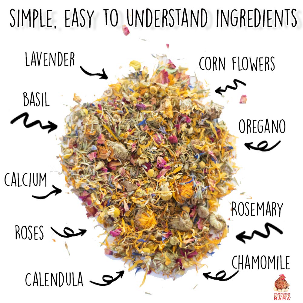 Pampered Chicken Mama herbal blend open bag shows easy nest-time treats for hens