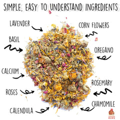 Pampered Chicken Mama herbal blend open bag shows easy nest-time treats for hens