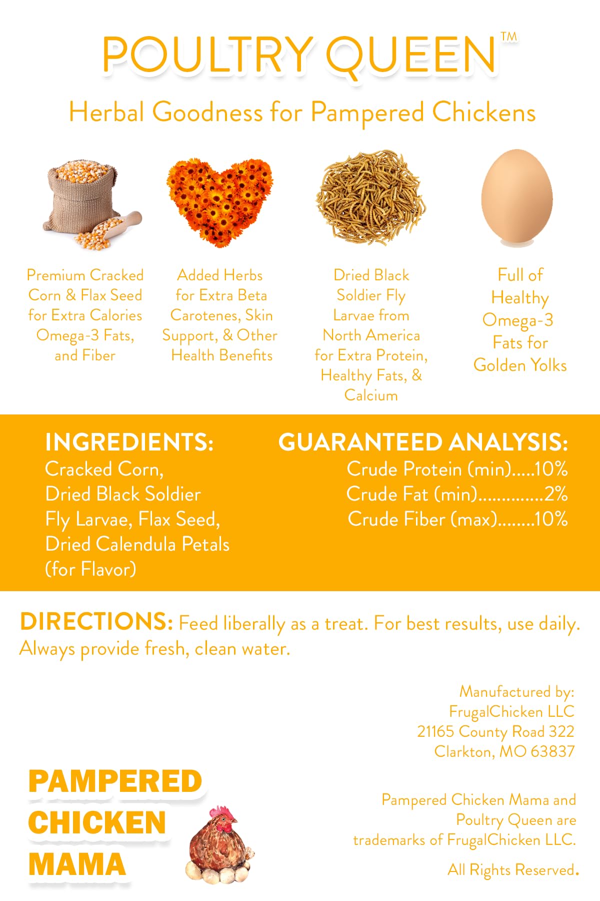 Pampered Chicken Mama Poultry Queen flax closeup highlights omega fats for plumage.