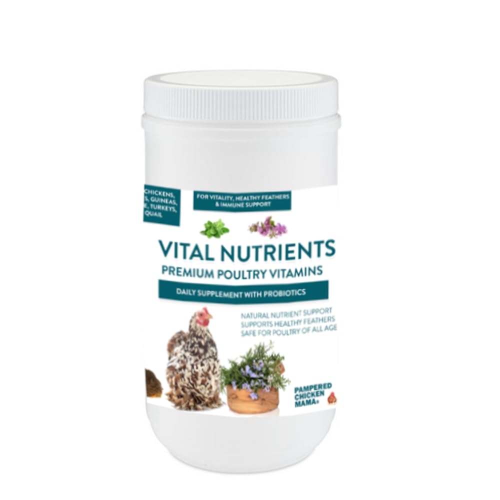 Pampered Chicken Mama Vital Nutrients packaging shows a ready-to-use poultry vitamin supplement for healthy flocks.