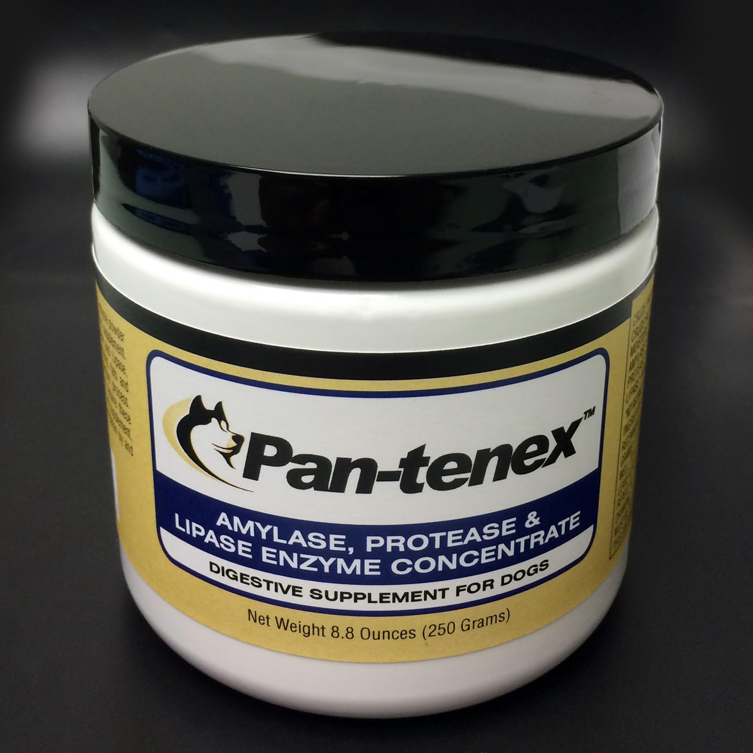 Pan-tenex bottle front label shows high-potency enzymes for dog digestion support.