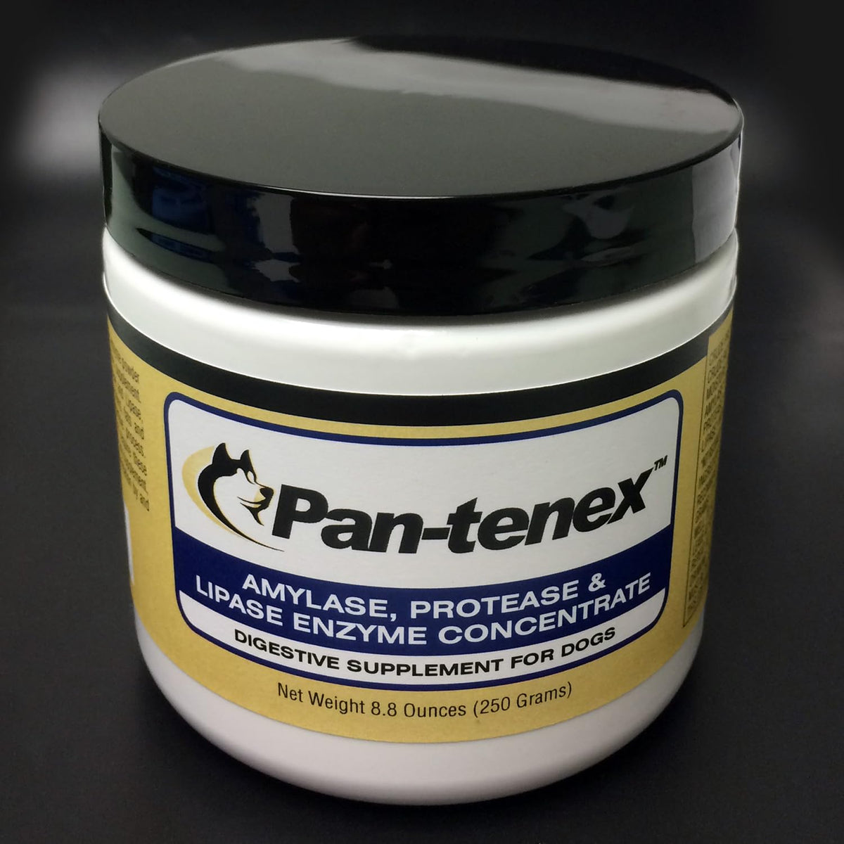 Pan-tenex bottle front label shows high-potency enzymes for dog digestion support.