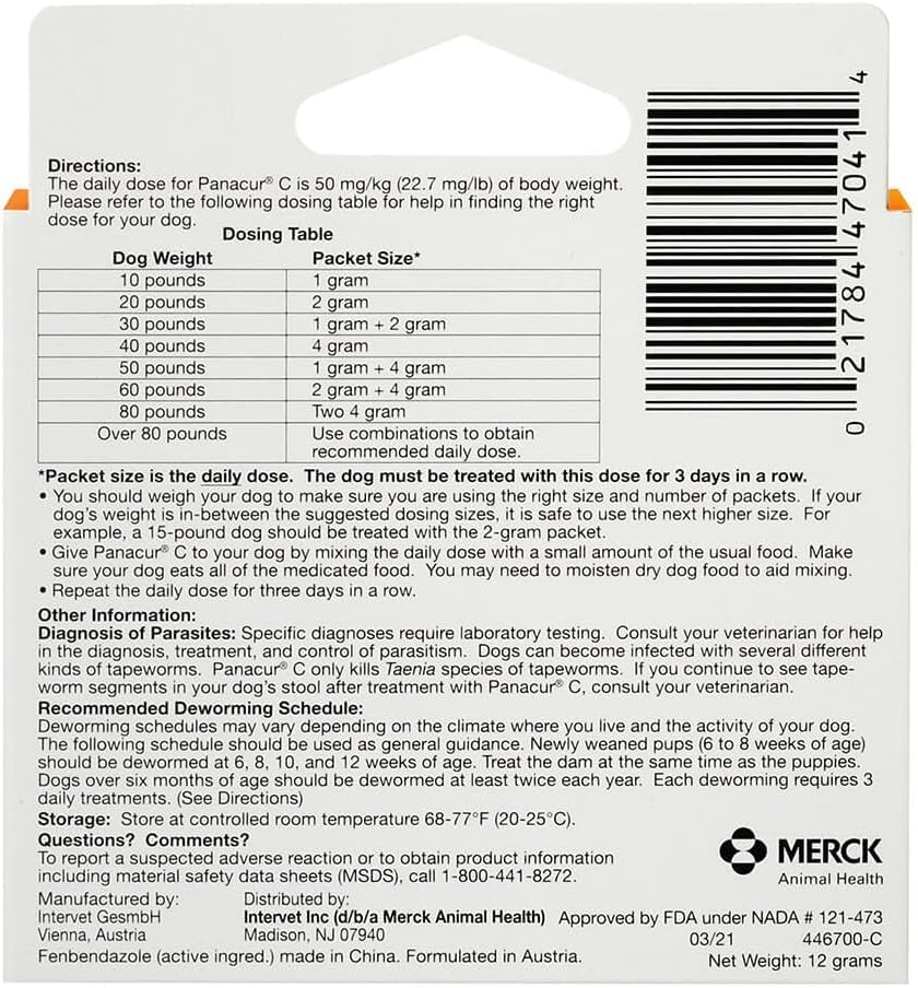 Panacur C daily-dose packet mixed with dog food for simple administration.
