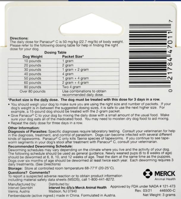 Panacur C dosing guide illustrating safe weight-based worming for dogs.