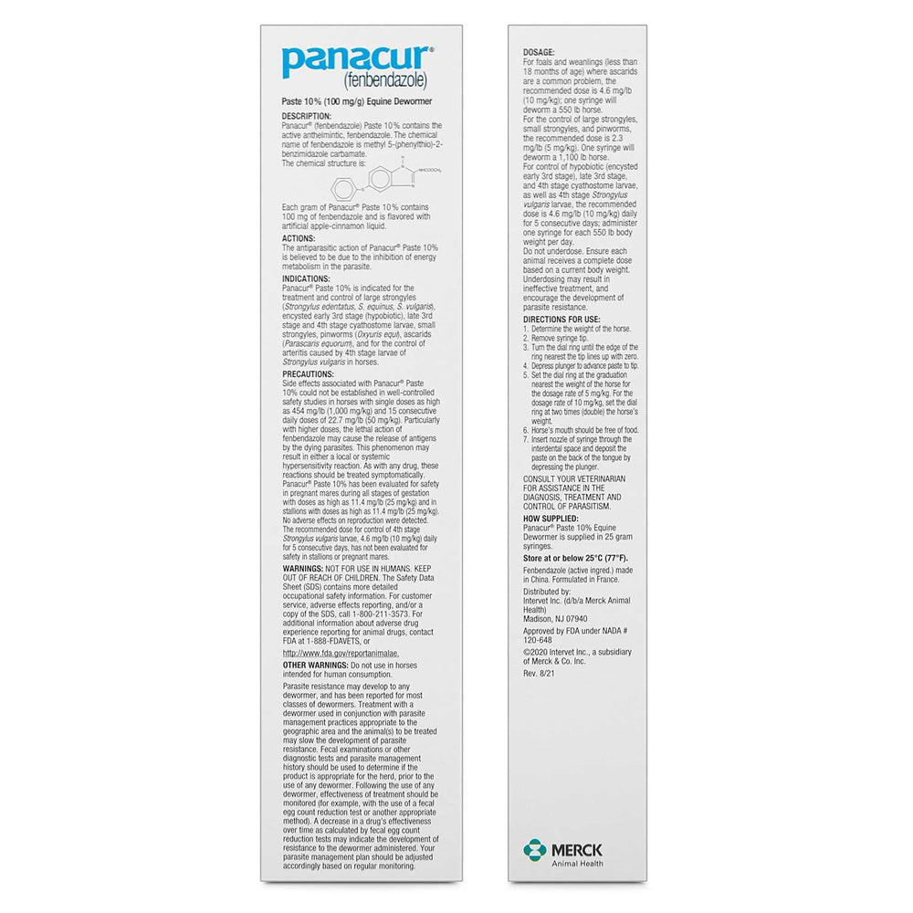 Panacur packaging horse paste highlights 100 mg per dose