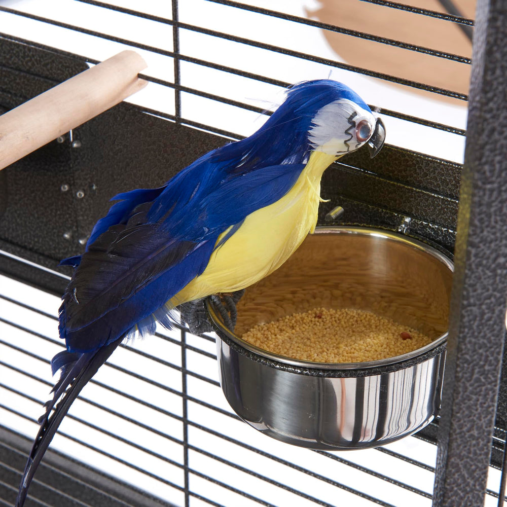 Panana cage accessories include bowls, dowels, and a rope toy for enrichment.