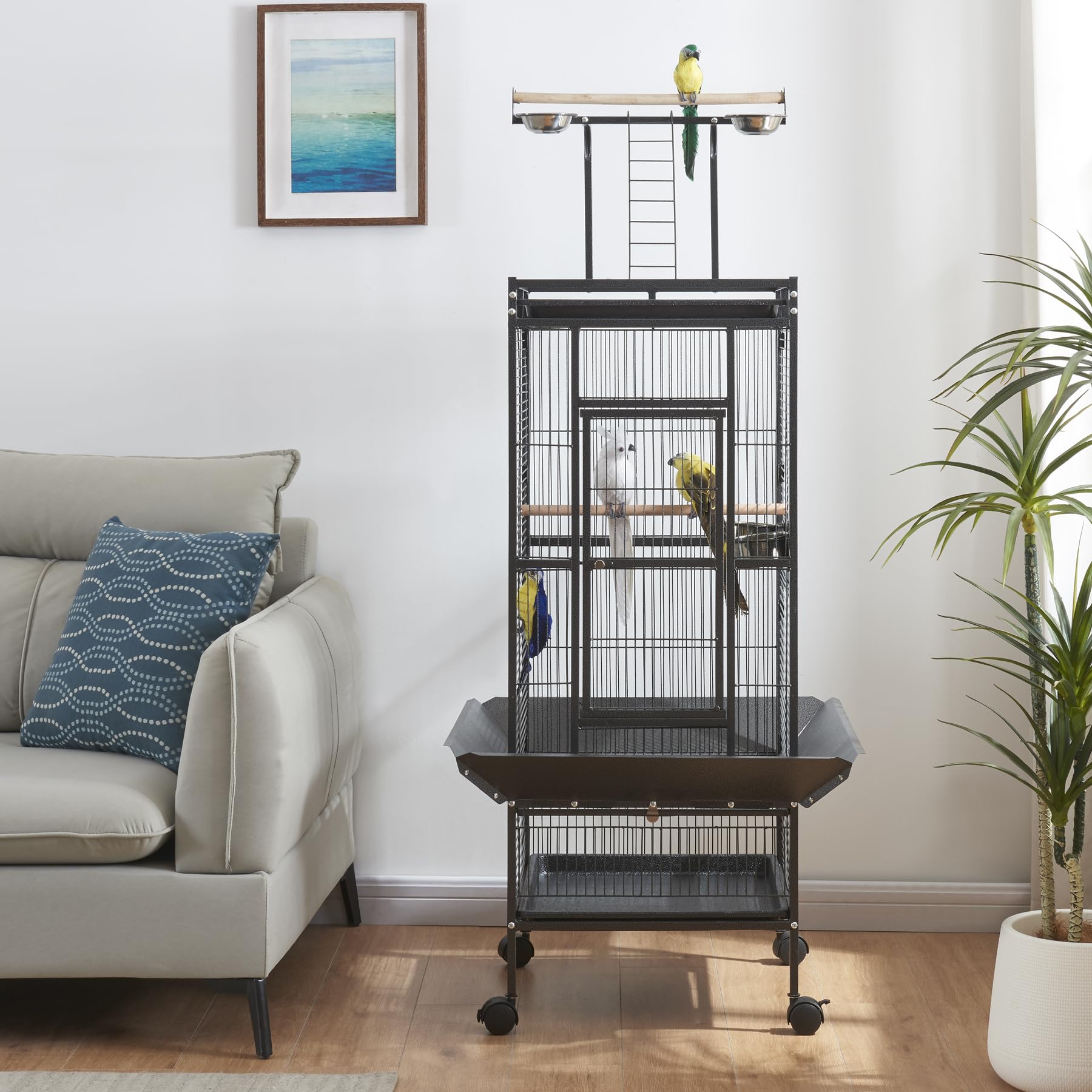 Panana large bird cage on rolling stand for easy relocation around the home.