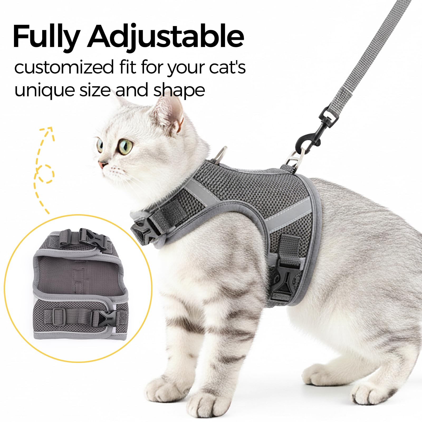 Pangdi cat harness escape-proof grey XX-Large leash included for ready-to-go outings