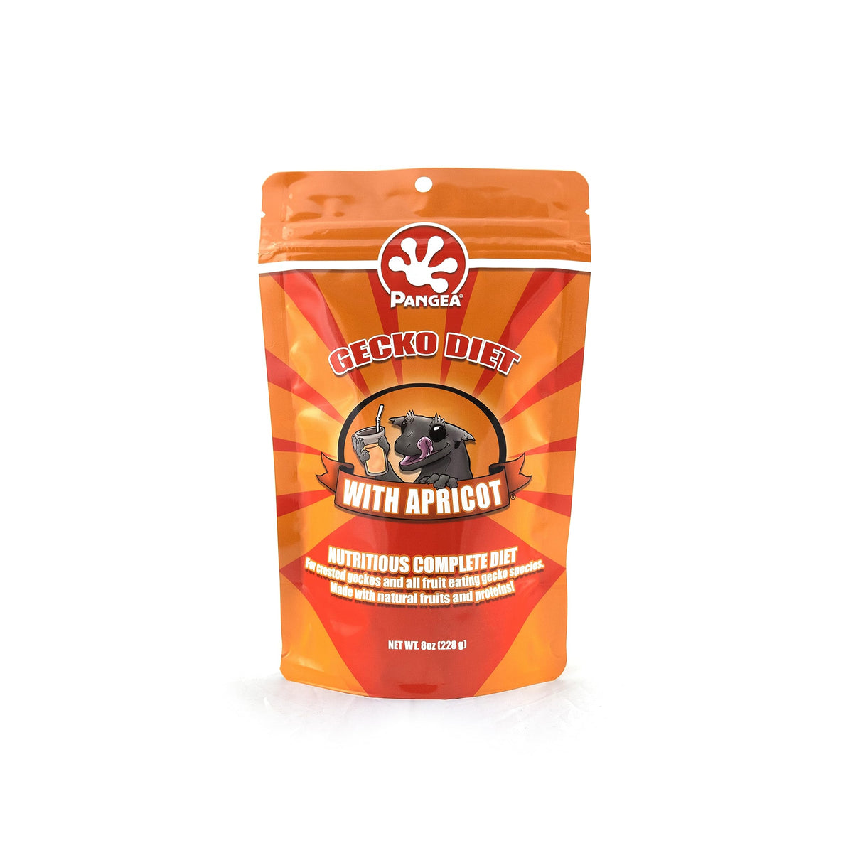 Pangea Fruit Mix Apricot bag showing complete nutrition for crested geckos