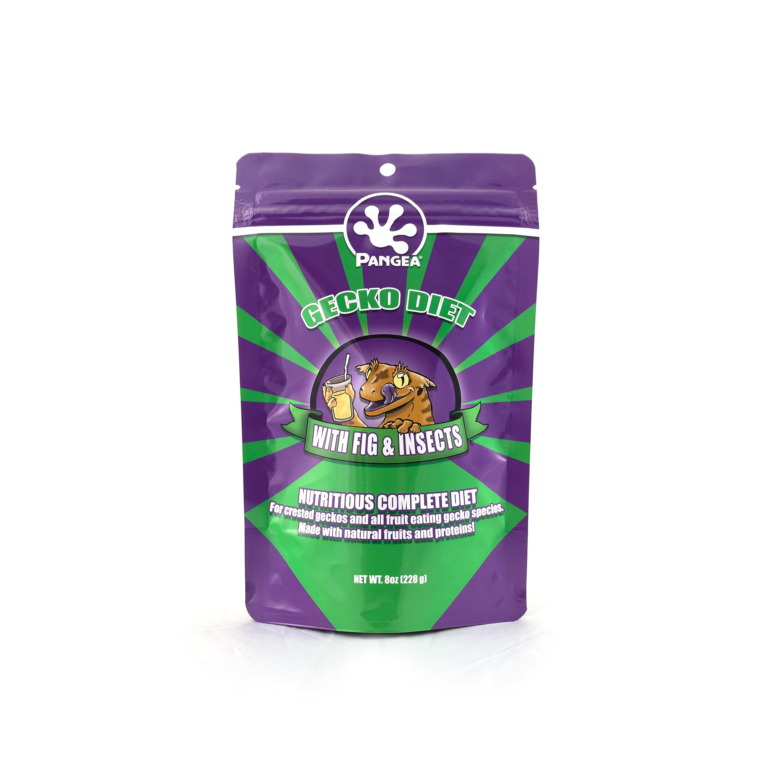 Pangea Fruit Mix packaging highlights a balanced diet for crested geckos.