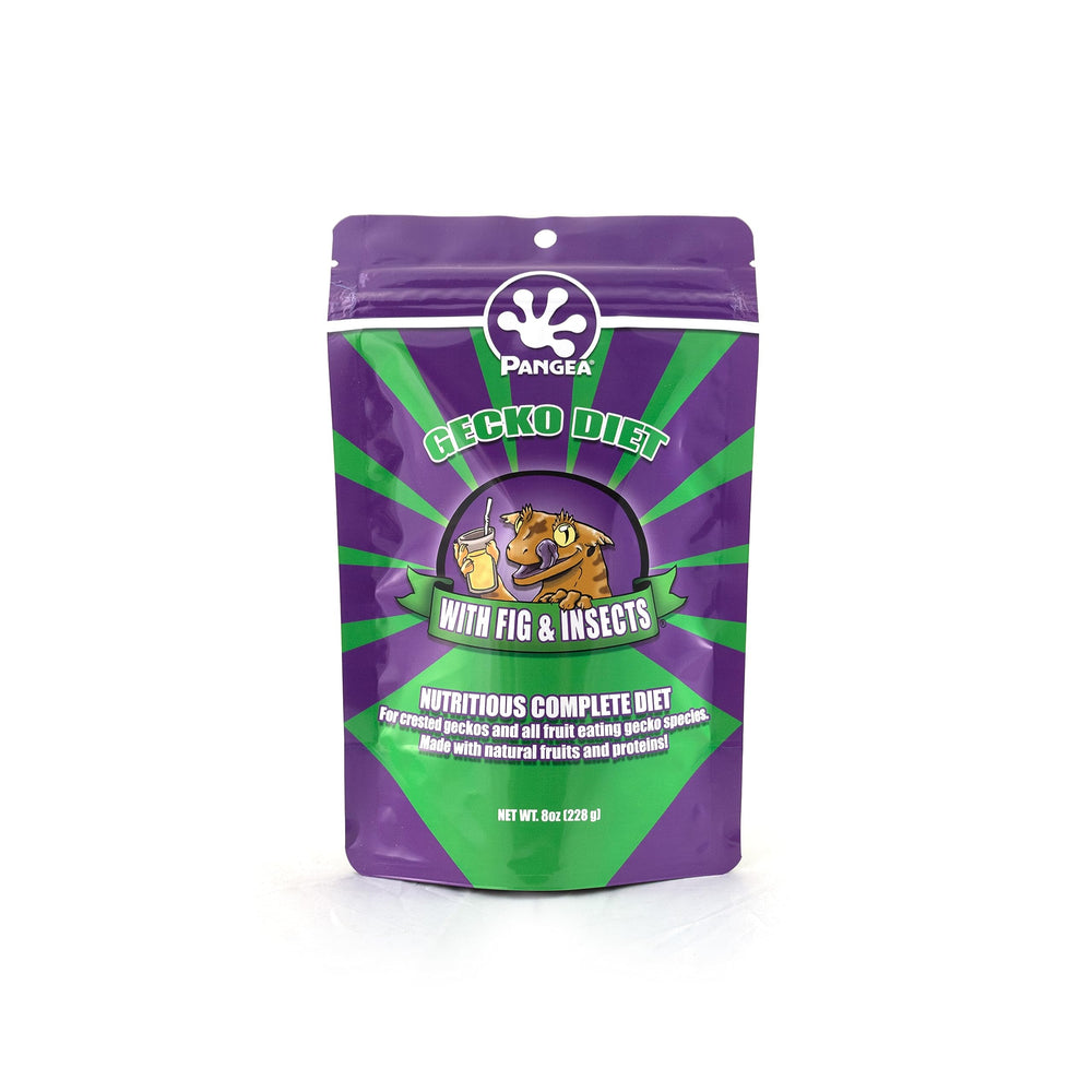 Pangea Fruit Mix packaging highlights a balanced diet for crested geckos.