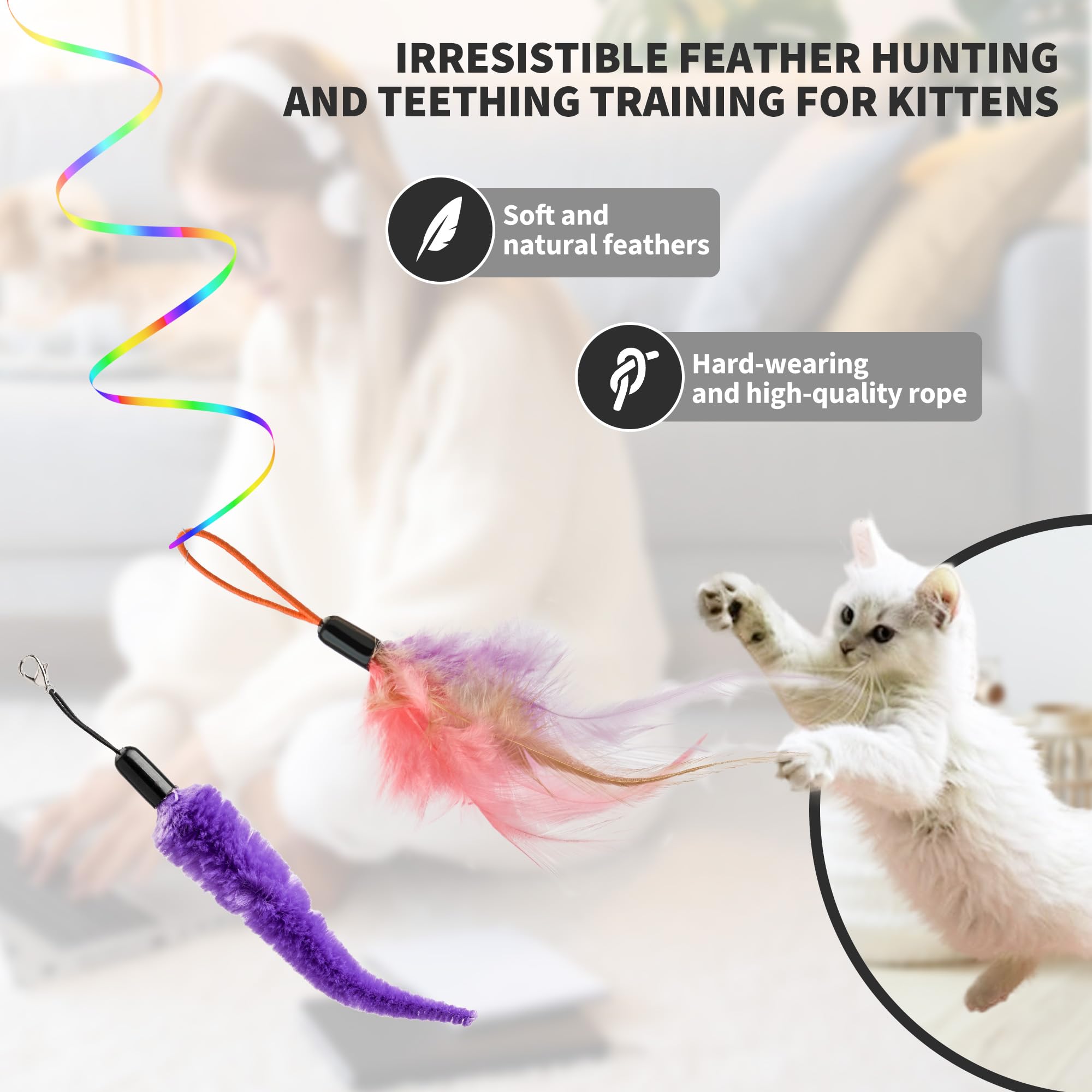 PANRIO feather toy and mouse lure in action to stimulate hunting instincts