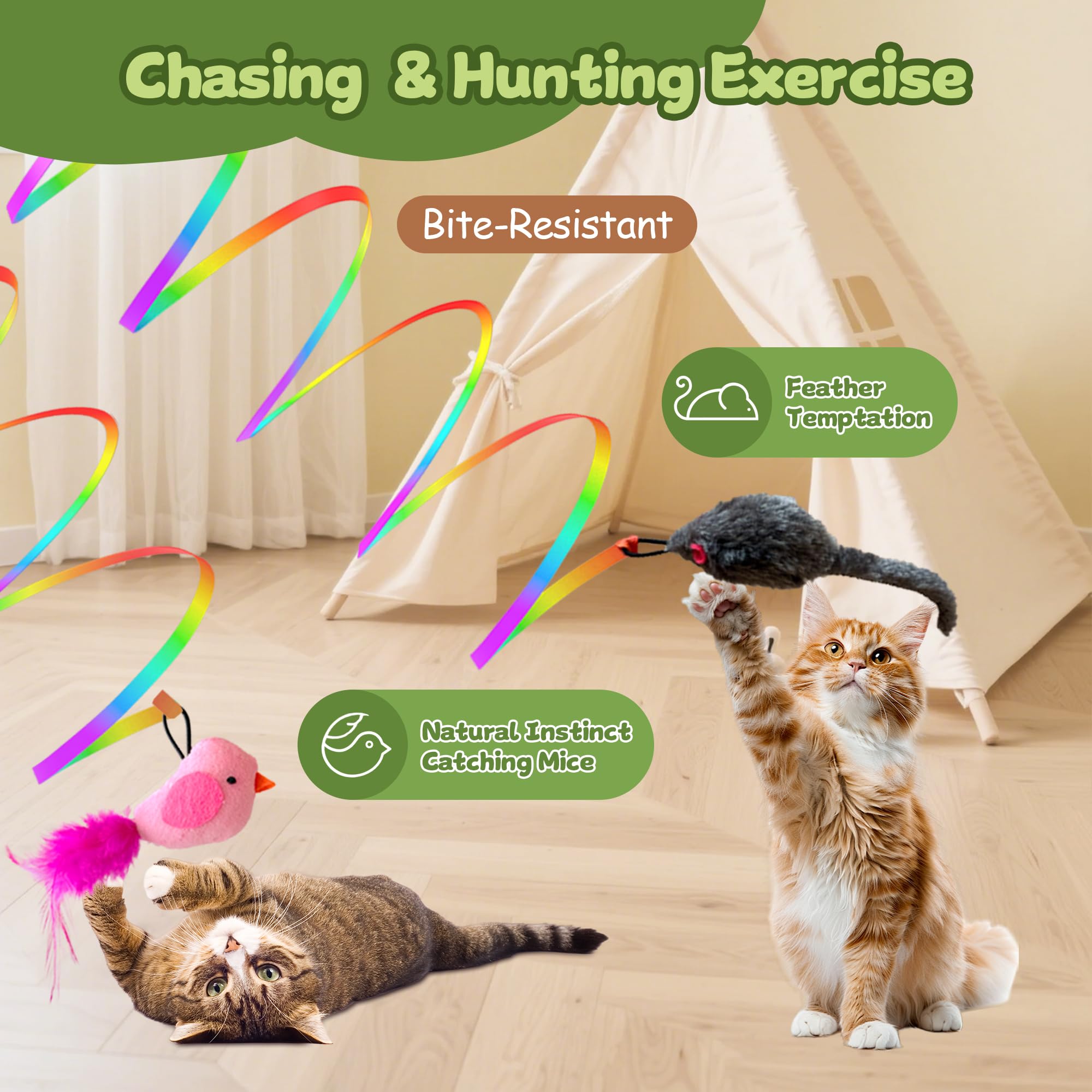 PANRIO ribbon wand teaser encourages rapid pounce and exercise.