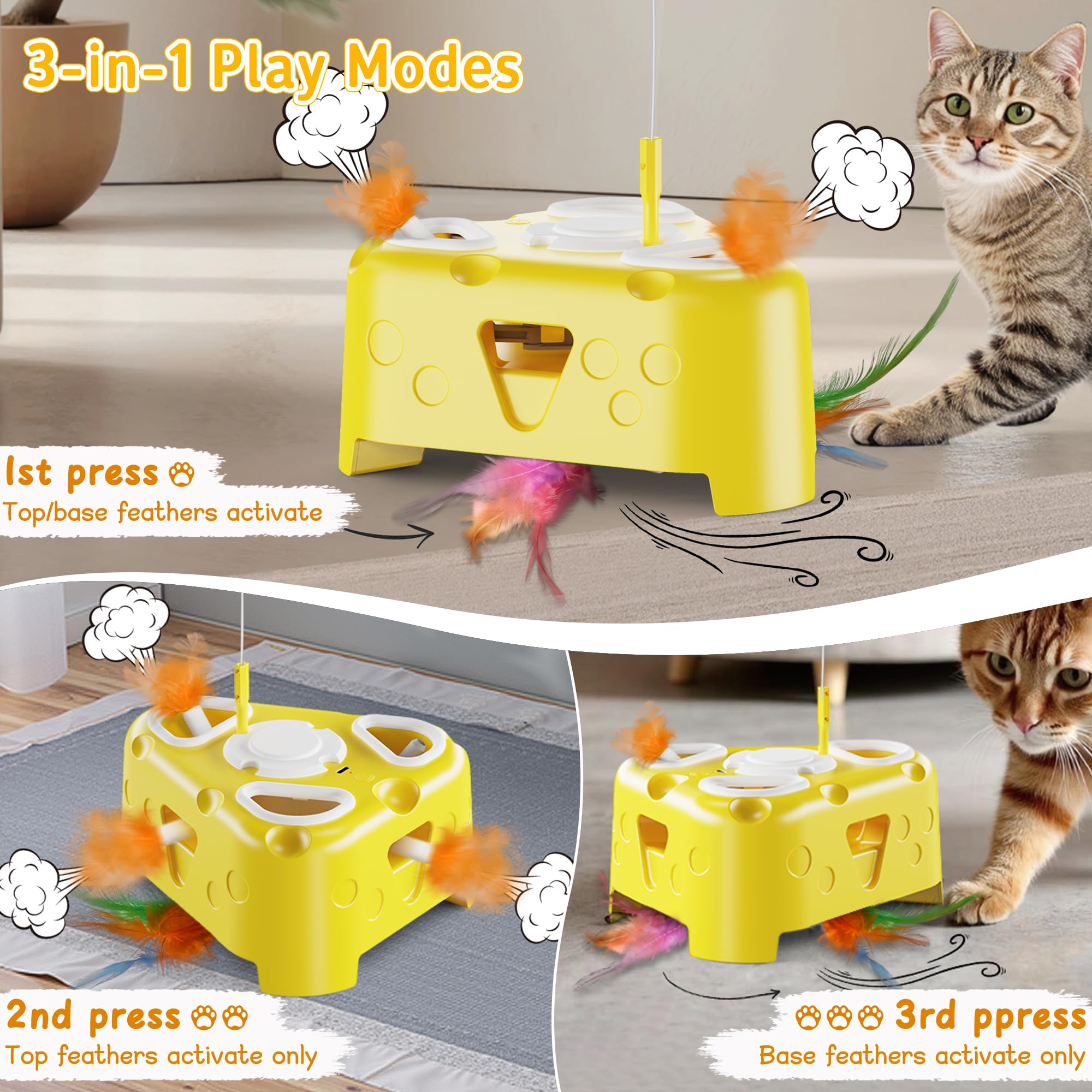 PANRIO rotating feather teaser highlighting slow-spin chase training for cats.