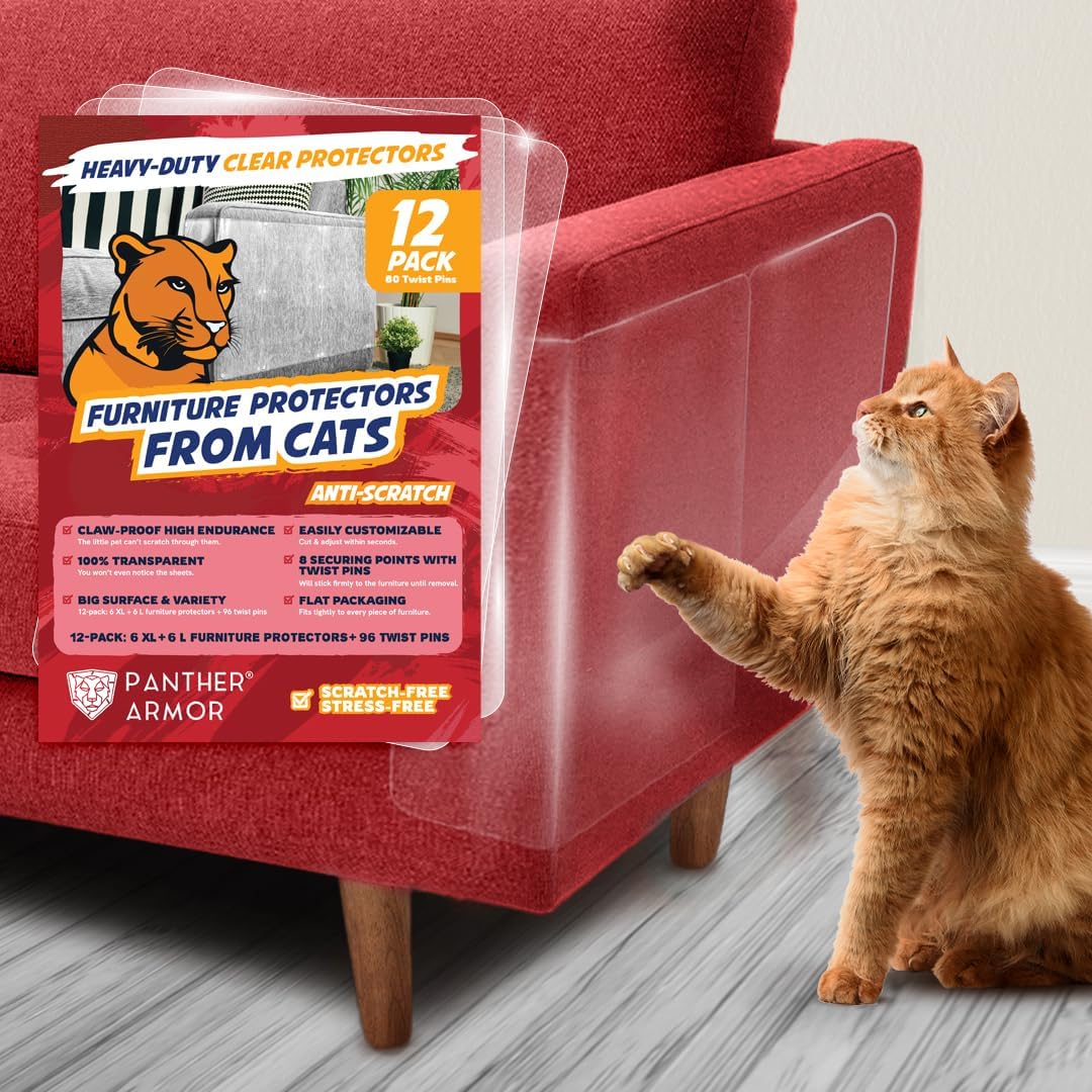 Panther Armor 12-pack scratch sheets unfolded to protect a sofa from cat claws.