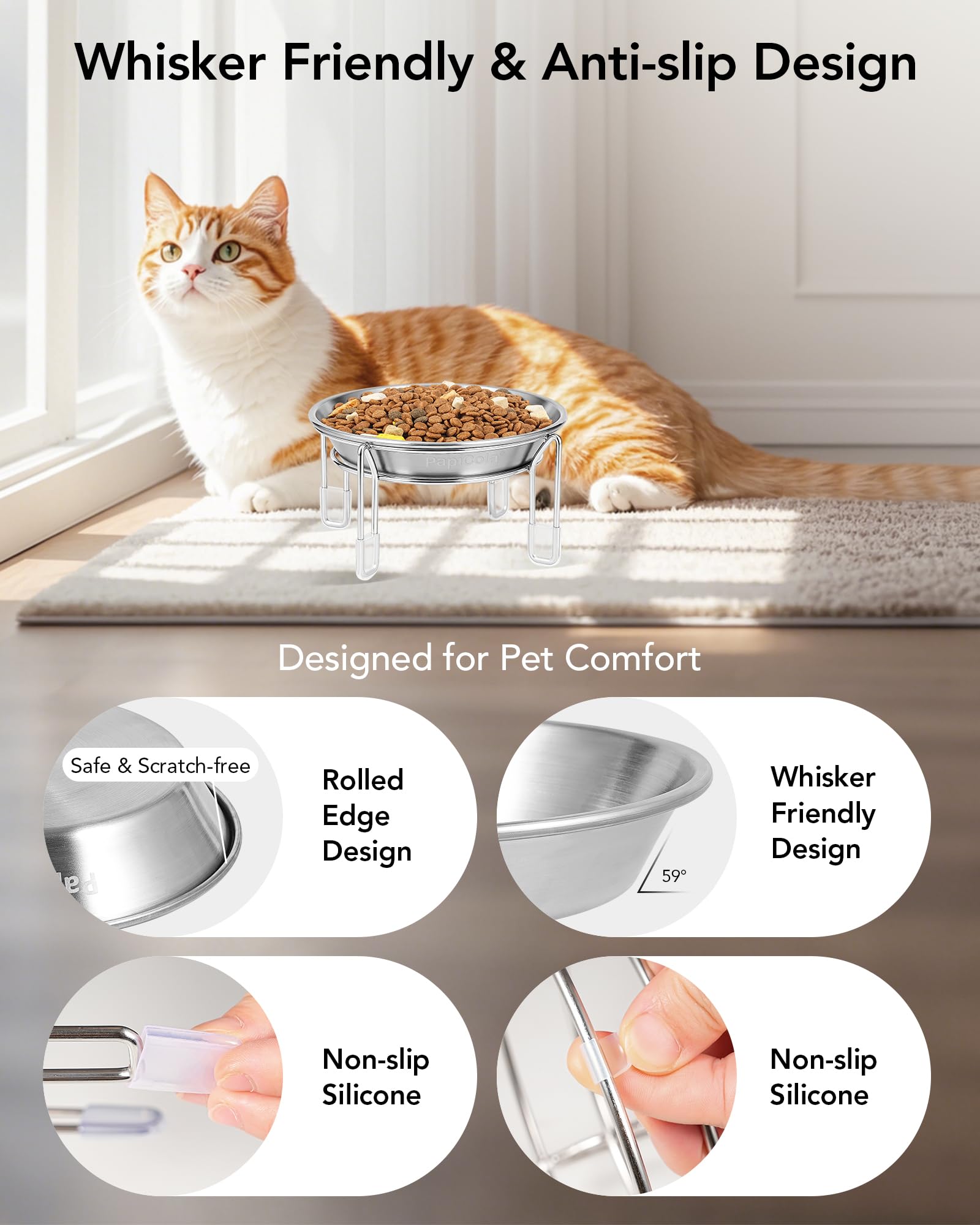 PapiCola elevated cat bowl stand closeup shows stable non-slip feet.