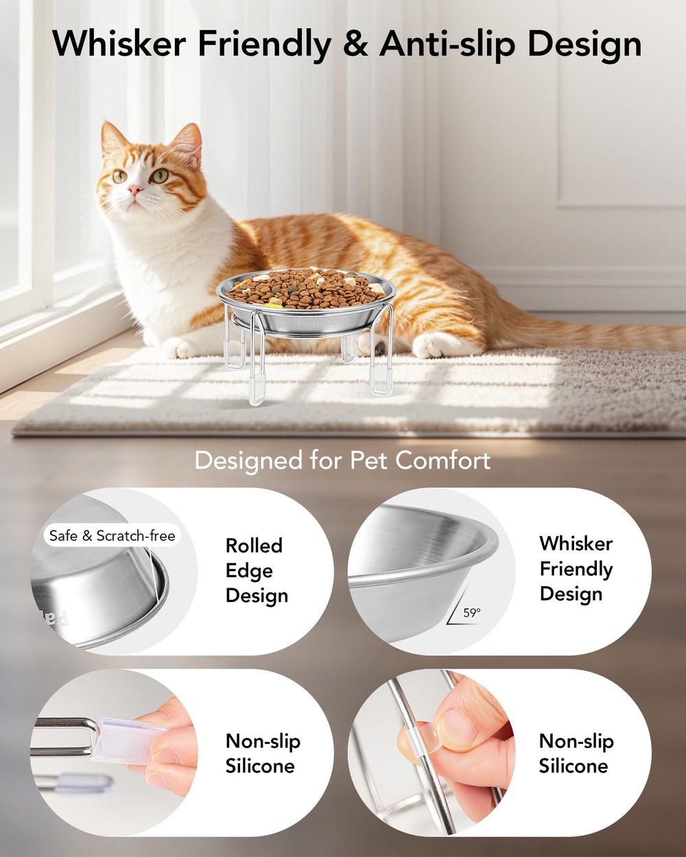 PapiCola elevated cat bowl stand closeup shows stable non-slip feet.