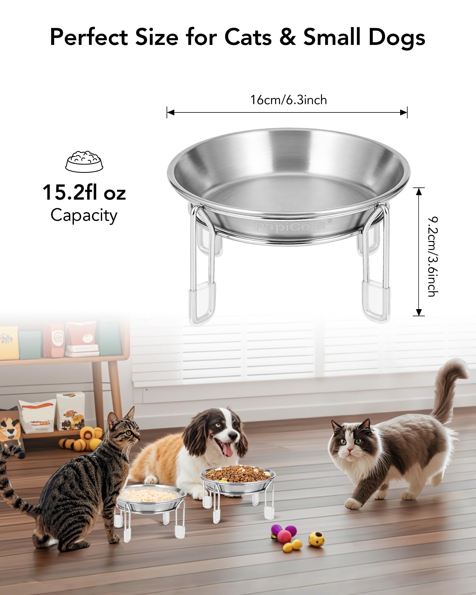 PapiCola stainless steel dishes on stand underline rust-resistant durability.