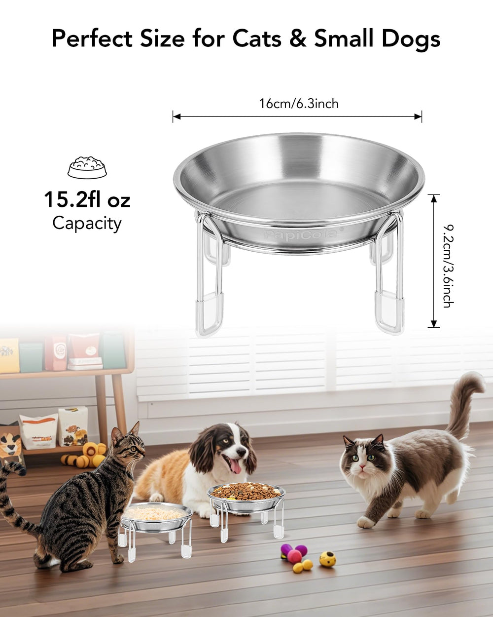 PapiCola stainless steel dishes on stand underline rust-resistant durability.