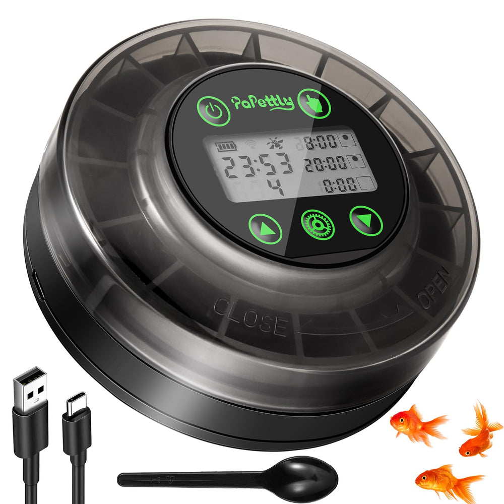 Papettly automatic fish feeder front display shows easy timer setup for vacation feeding.
