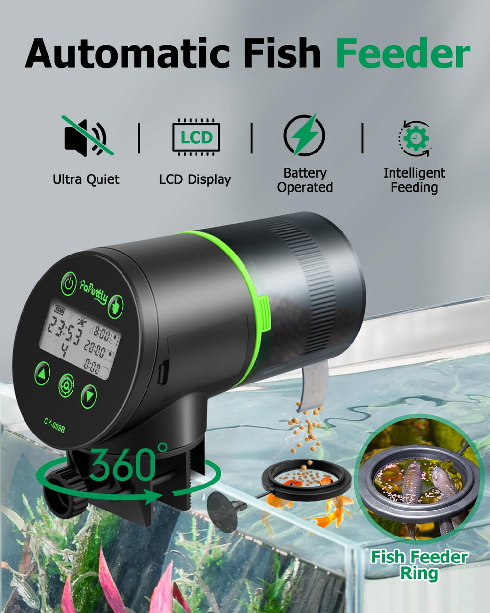 Papettly automatic fish feeder side view demonstrates compact footprint fitting most tanks