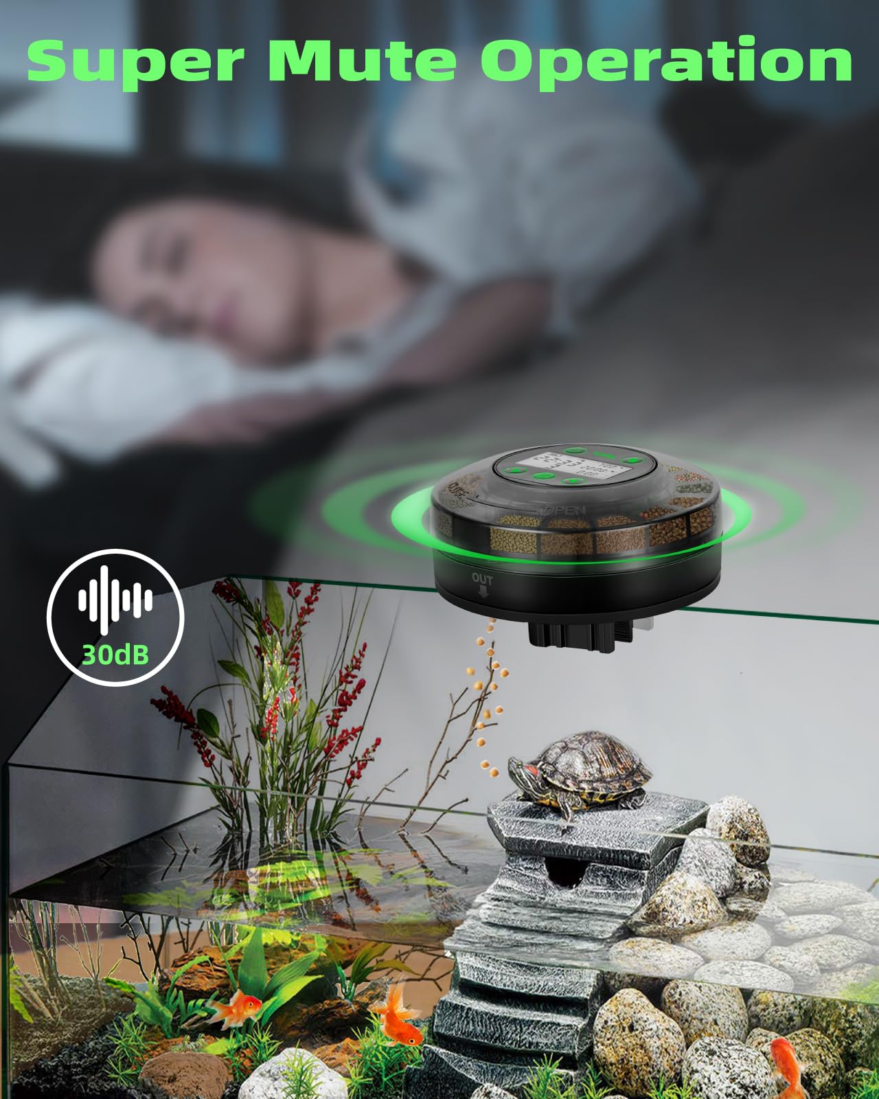 Papettly fish feeder operates quietly, keeping aquarium peaceful day and night.