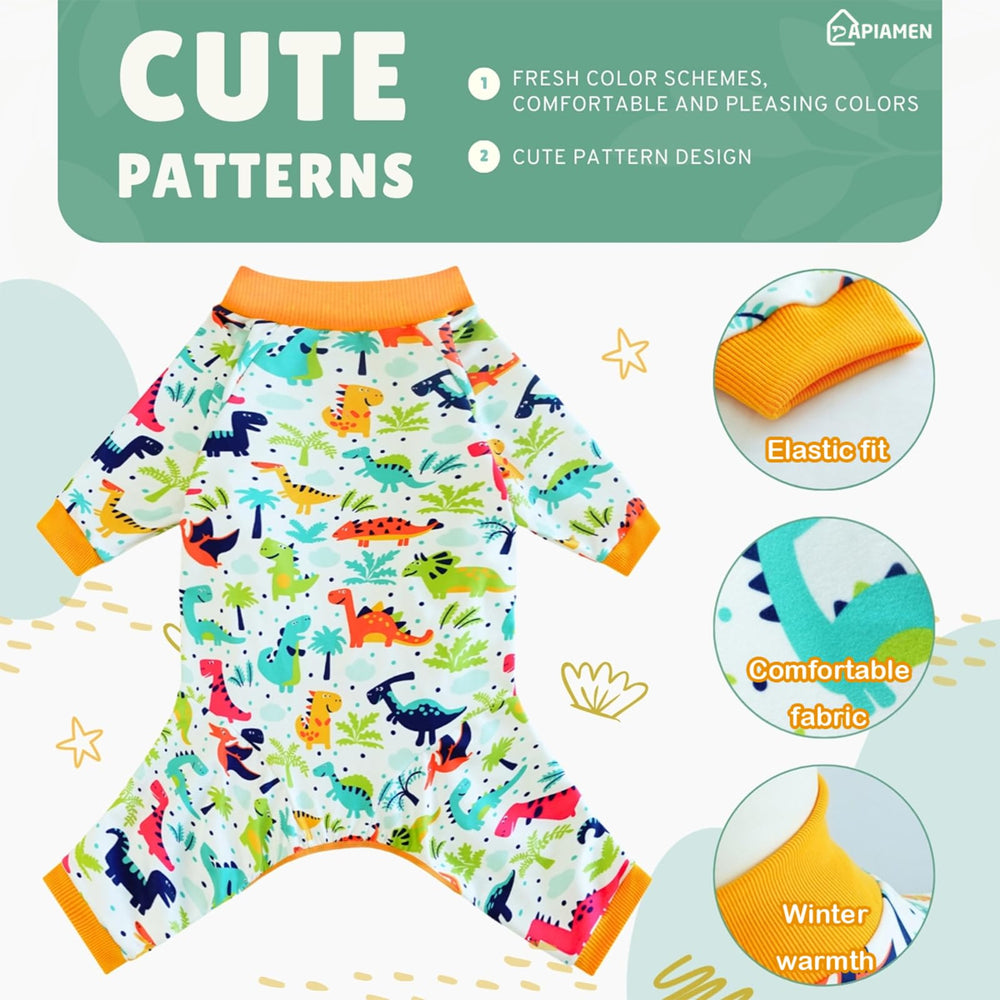 PAPIAMEN dinosaur dog pajamas edge-cuffed neckline closeup for extra snugness.