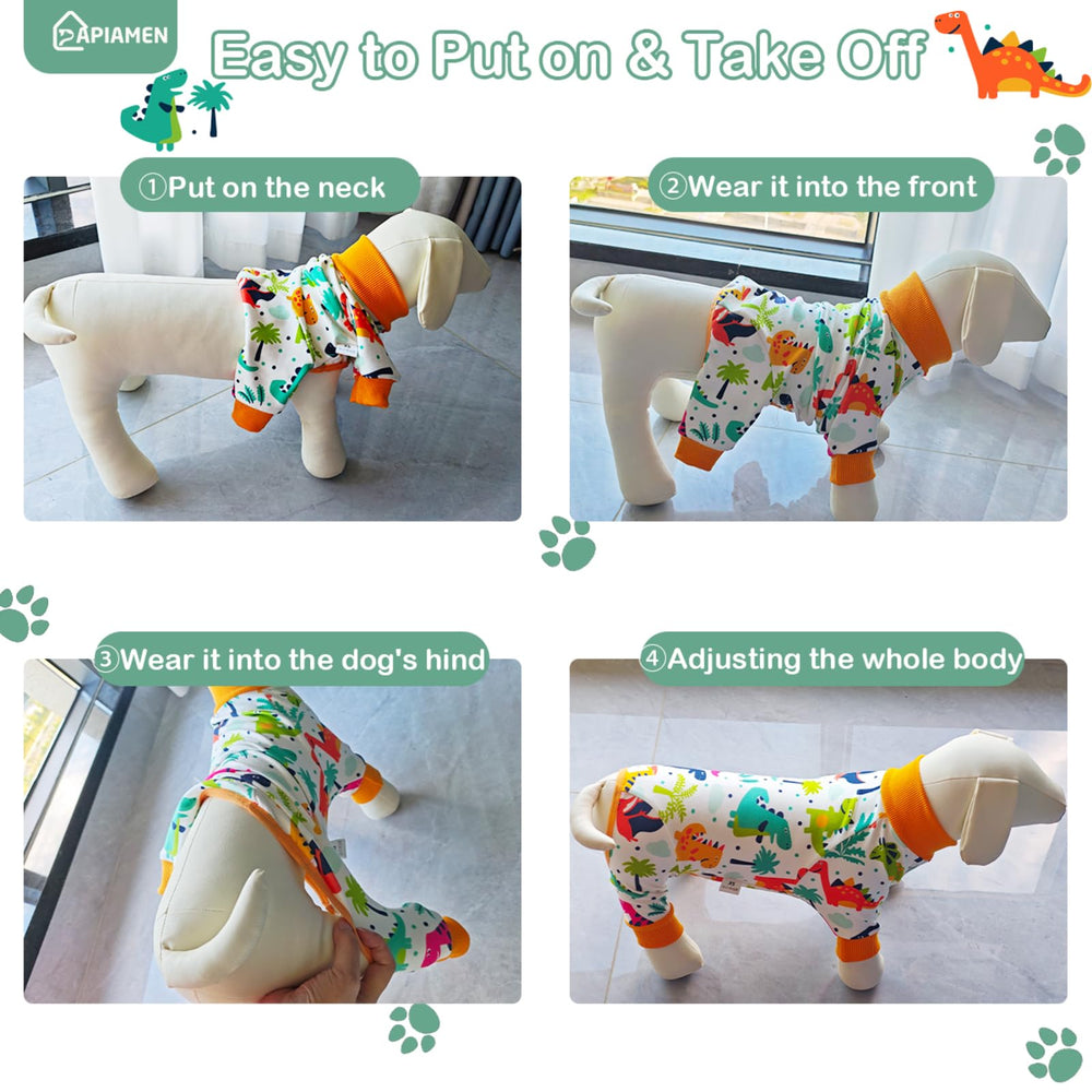 PAPIAMEN dinosaur dog pajamas elastic neckline closeup enabling easy wearing.