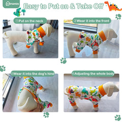 PAPIAMEN dinosaur dog pajamas elastic neckline closeup enabling easy wearing.