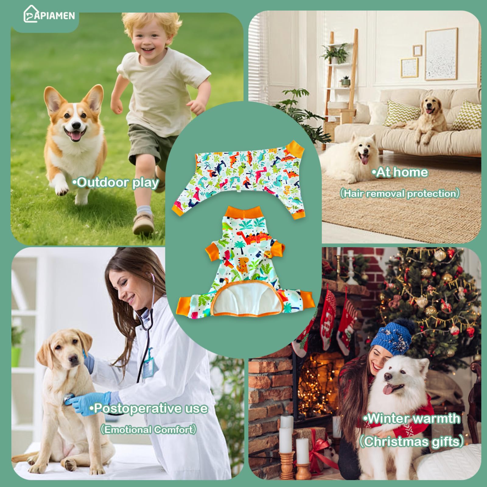 PAPIAMEN dinosaur dog pajamas helps reduce shedding and keeps furniture cleaner.
