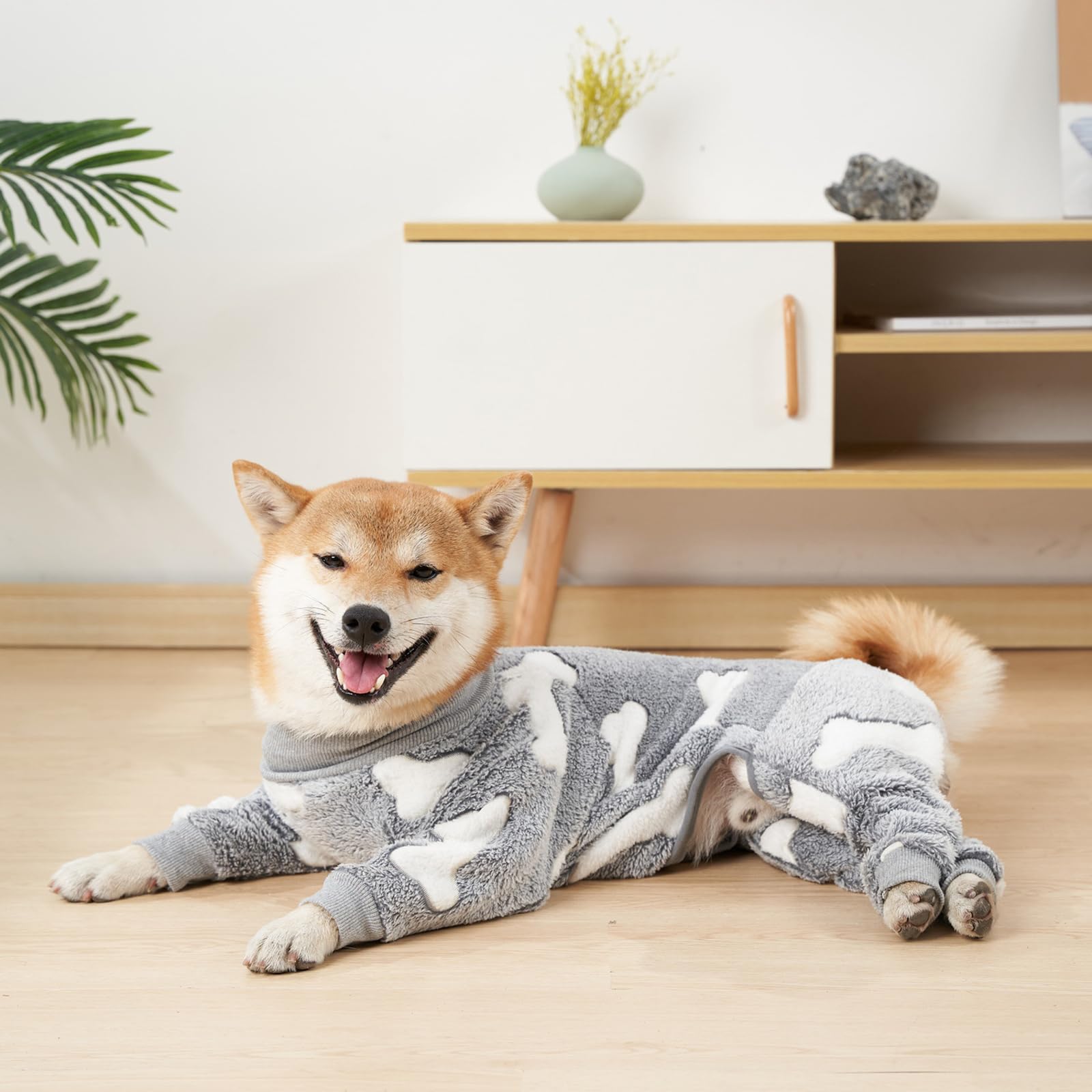 PAPIAMEN dog pajamas coral velvet grey bone-pattern back view for cozy coverage.