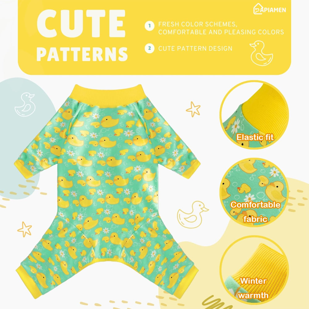 PAPIAMEN Funny Duck Dog Pajamas stretchy neckline detail for easy on/off.