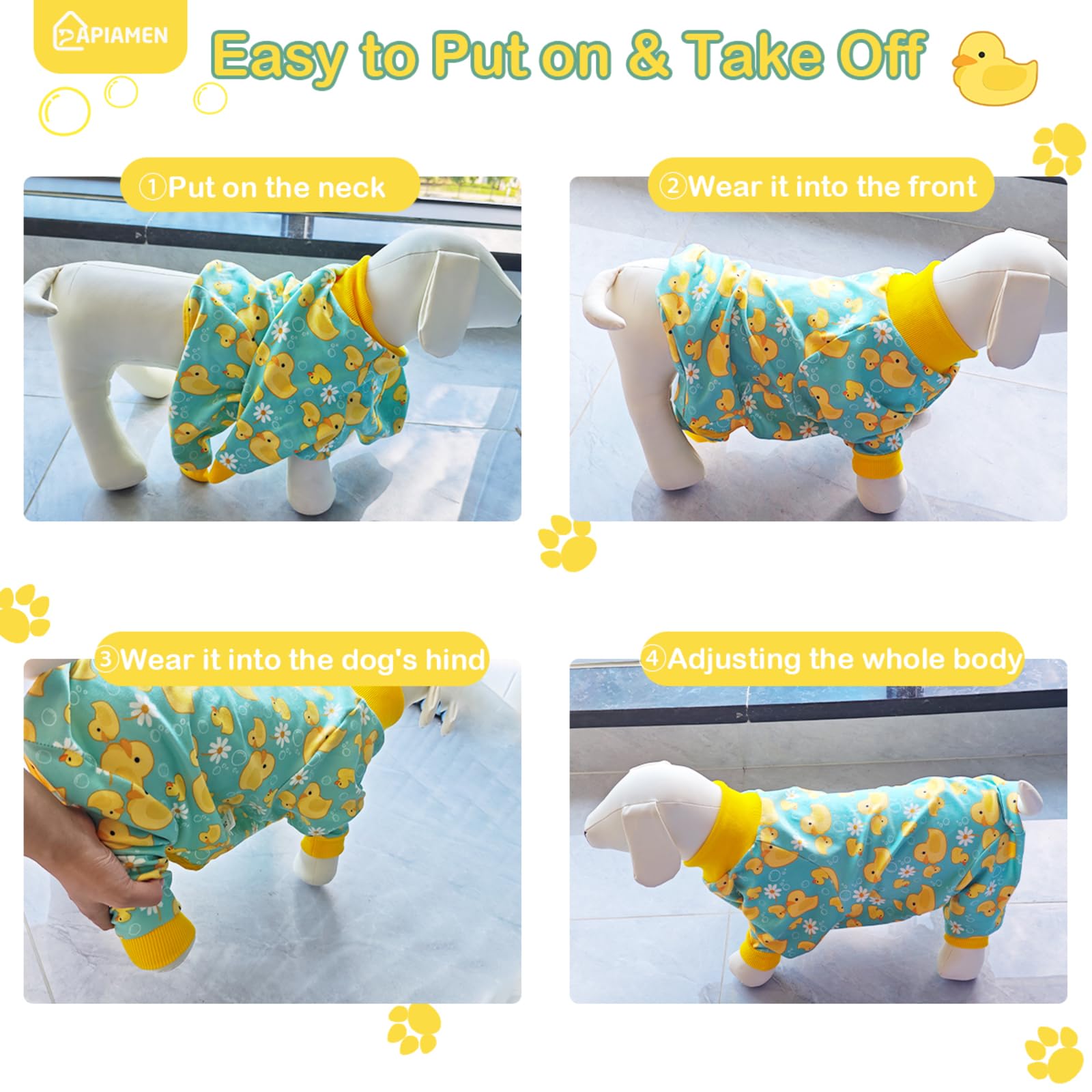 PAPIAMEN Funny Duck Dog Pajamas side view highlighting stretchable fit.