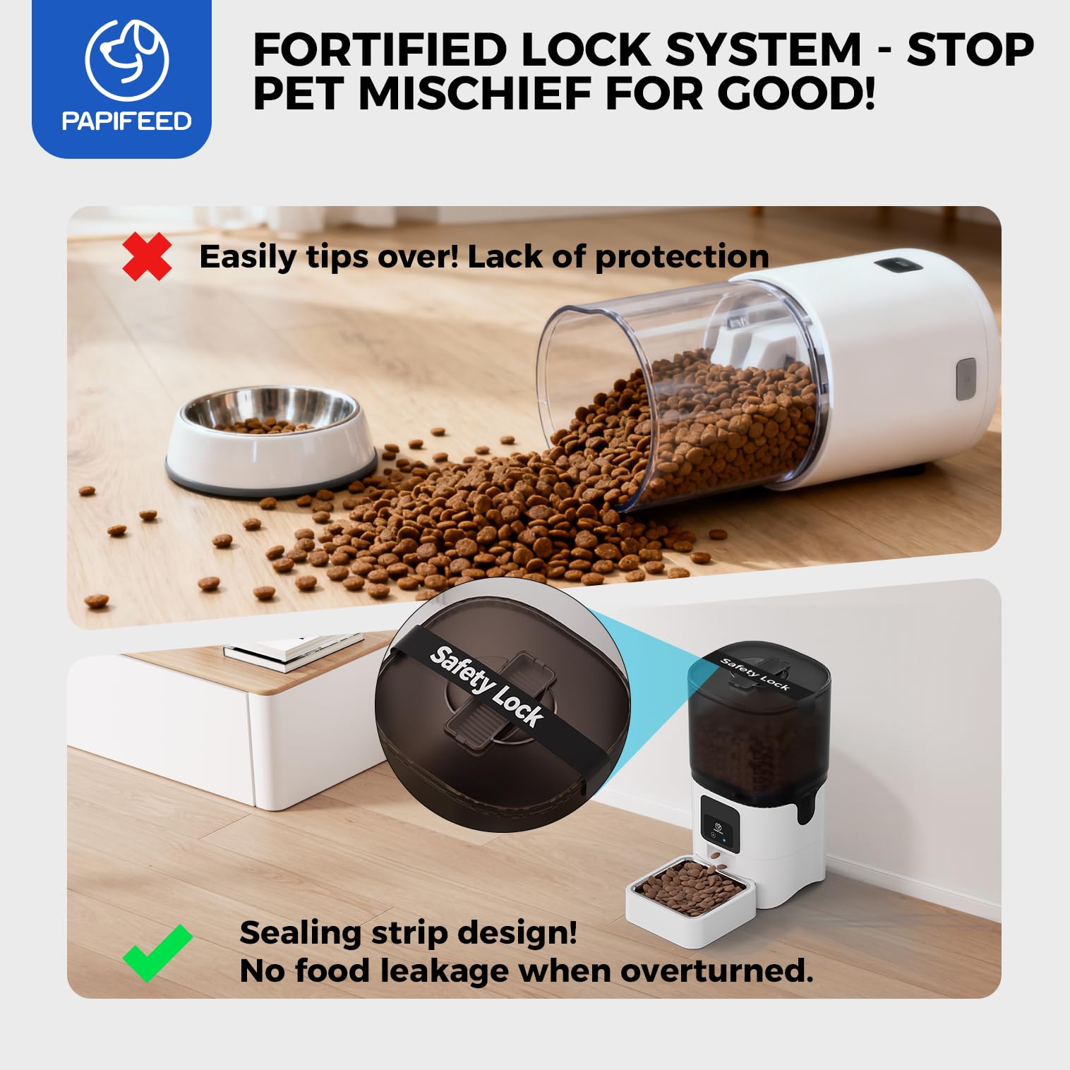 PAPIFEED 360-degree transparent bin for quick visual monitoring of levels.
