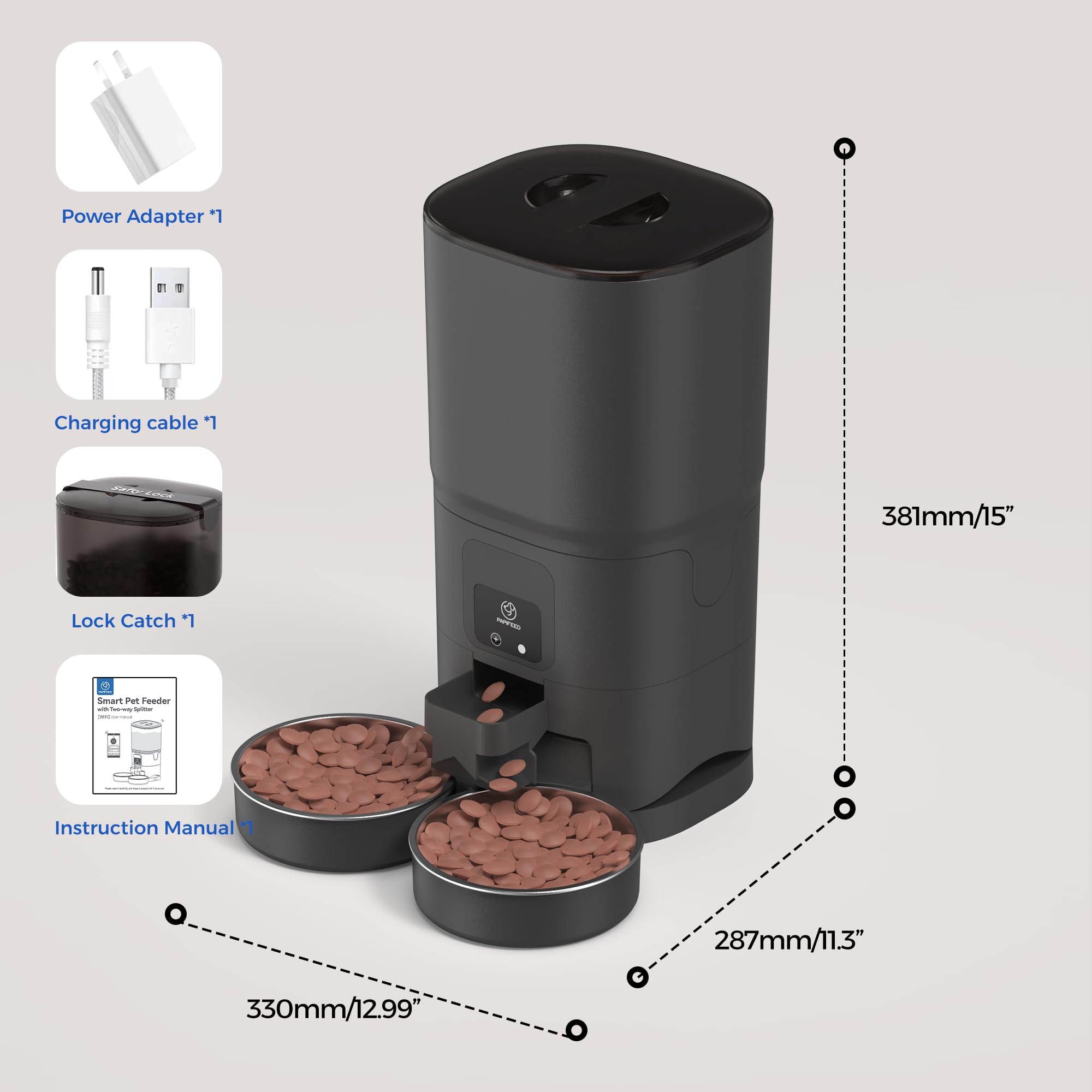 Papifeed 7L capacity food chamber holds weeks of dry food.