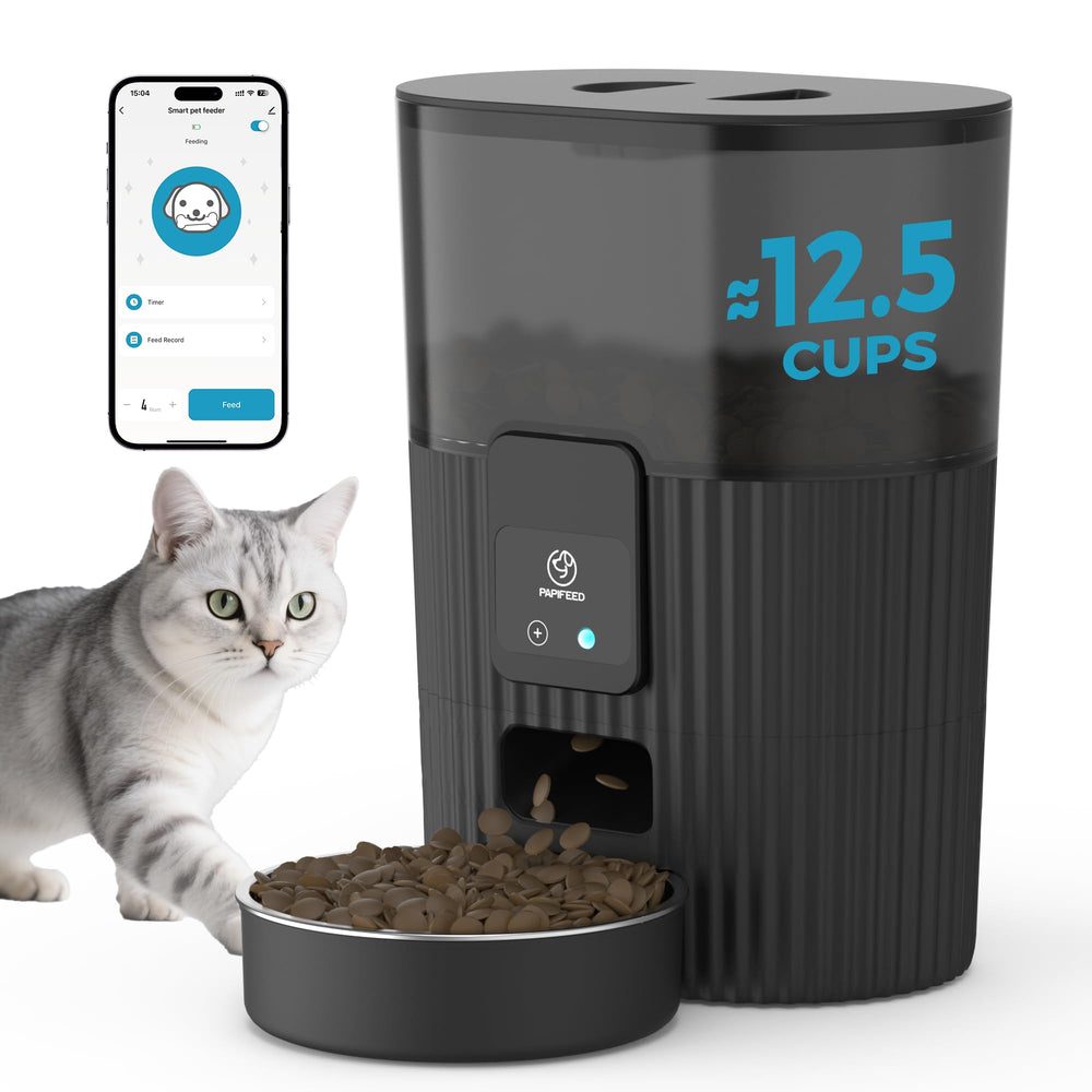 PAPIFEED automatic cat feeder front view for remote feeding control.