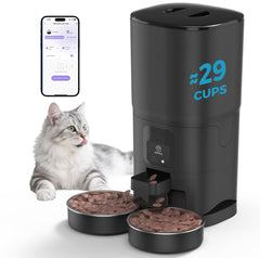 Papifeed automatic cat feeder front view with dual bowls for two-cat households.