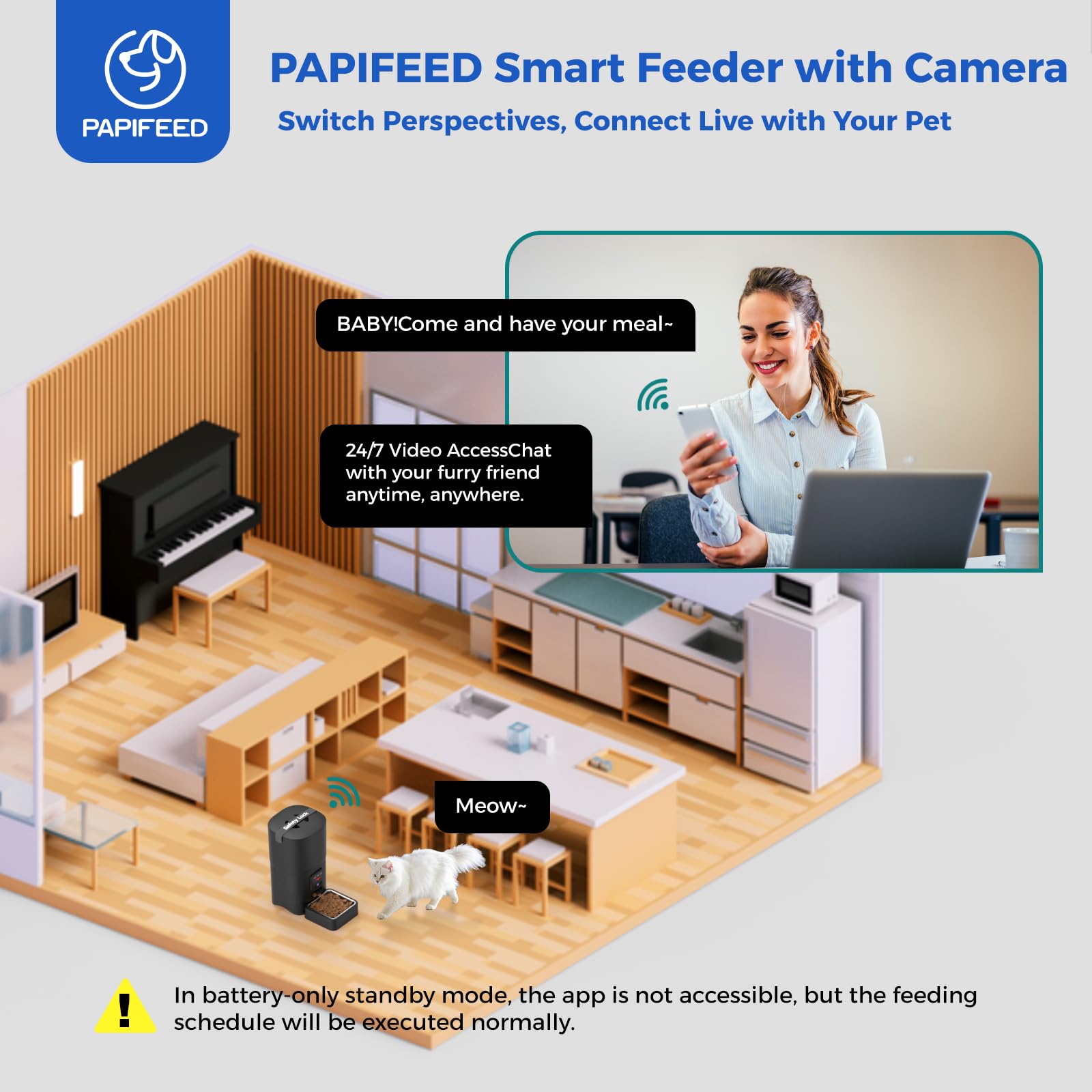 PAPIFEED Alexa compatibility image suggests hands-free, voice-assisted meal requests.