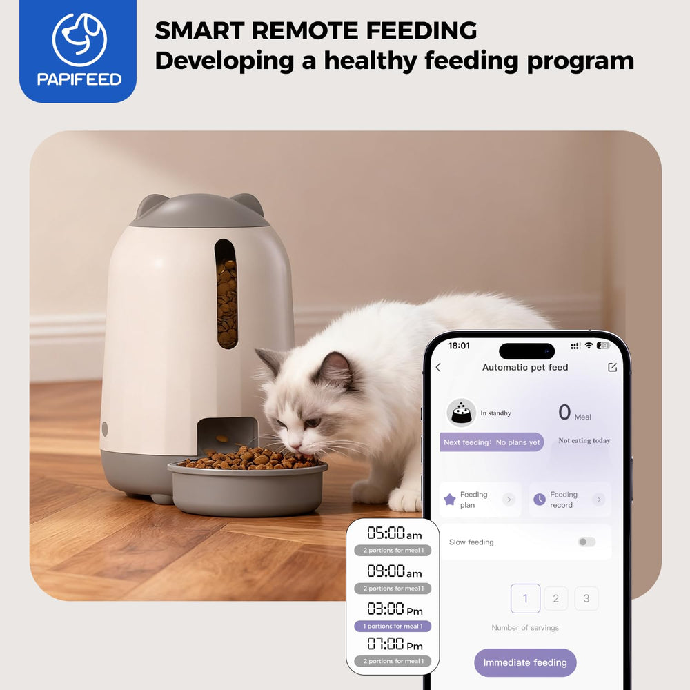 PAPIFEED app control enables remote feeding and monitoring.