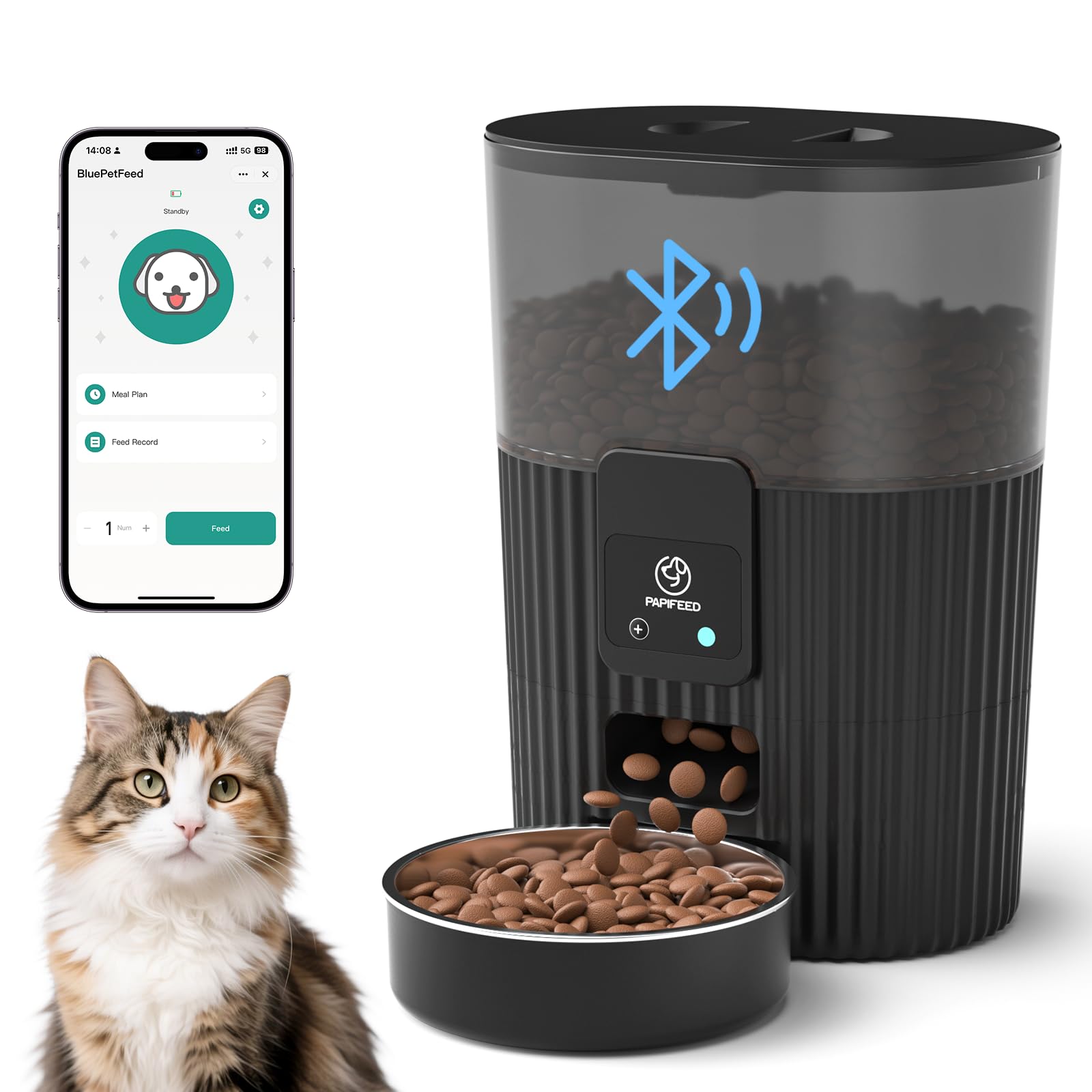 PAPIFEED automatic feeder front view with stainless steel bowl for remote feeding convenience.
