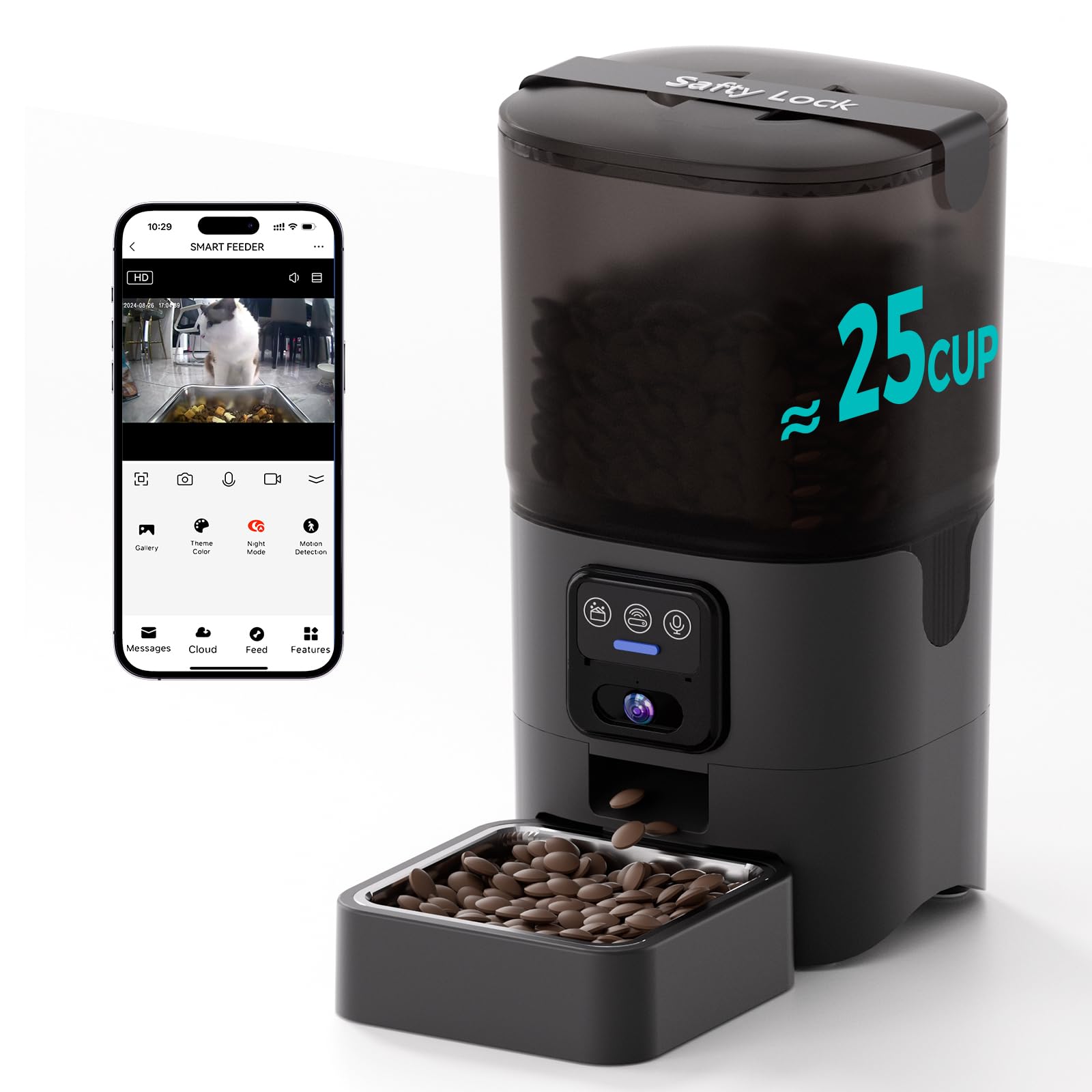 PAPIFEED automatic feeder front view highlights compact design for hands-free feeding control.
