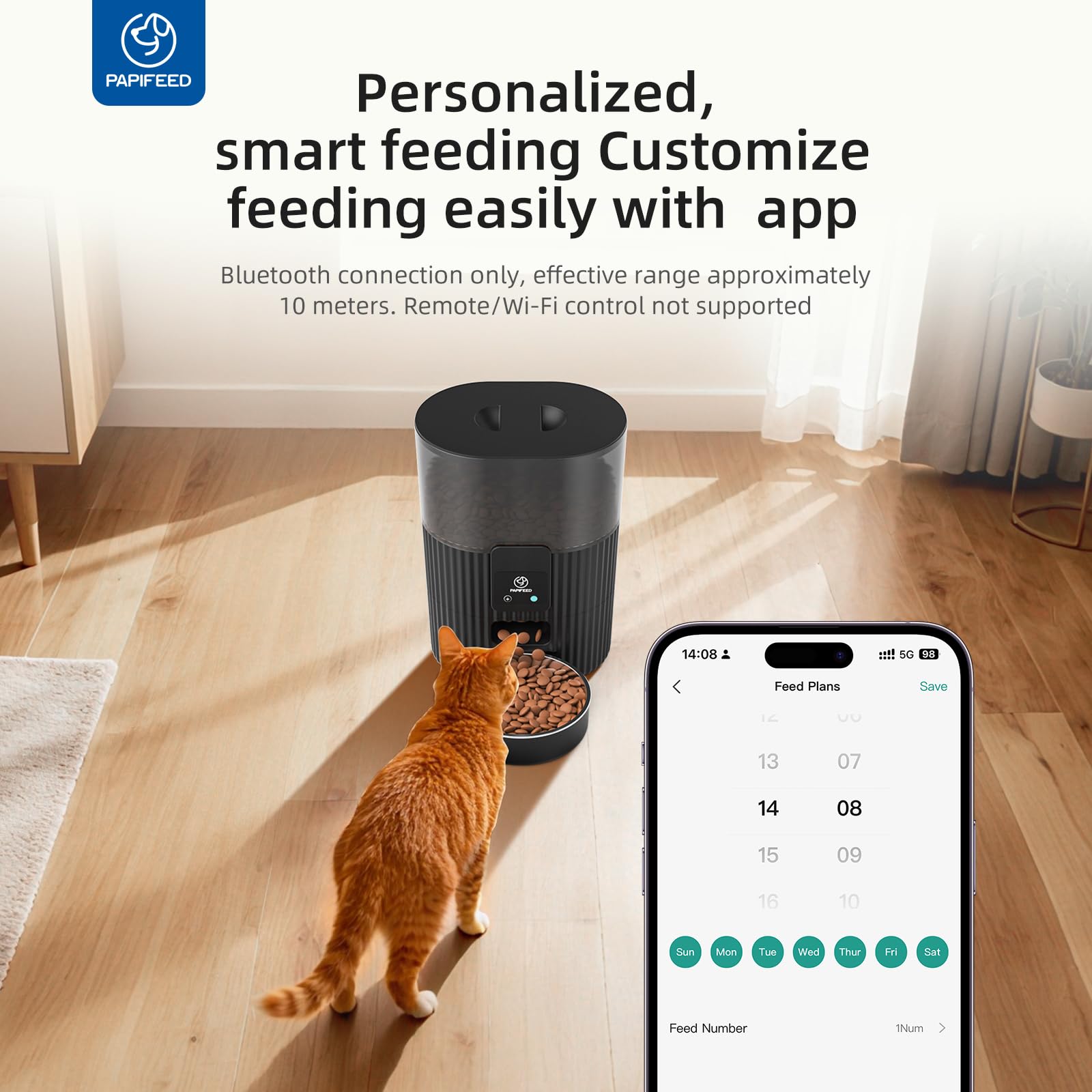 PAPIFEED automatic feeder side view highlighting app control and remote feeding.